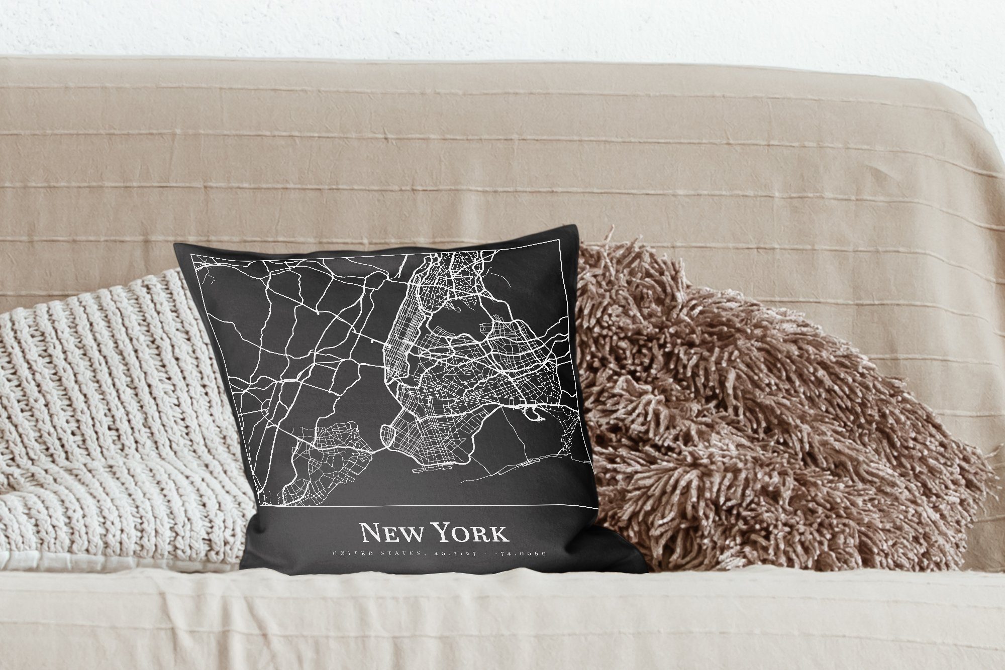 York Karte der Karte Füllung - Deko, - Zierkissen für New Schlafzimmer, mit Wohzimmer, Dekokissen MuchoWow Stadt, - Stadtplan Sofakissen
