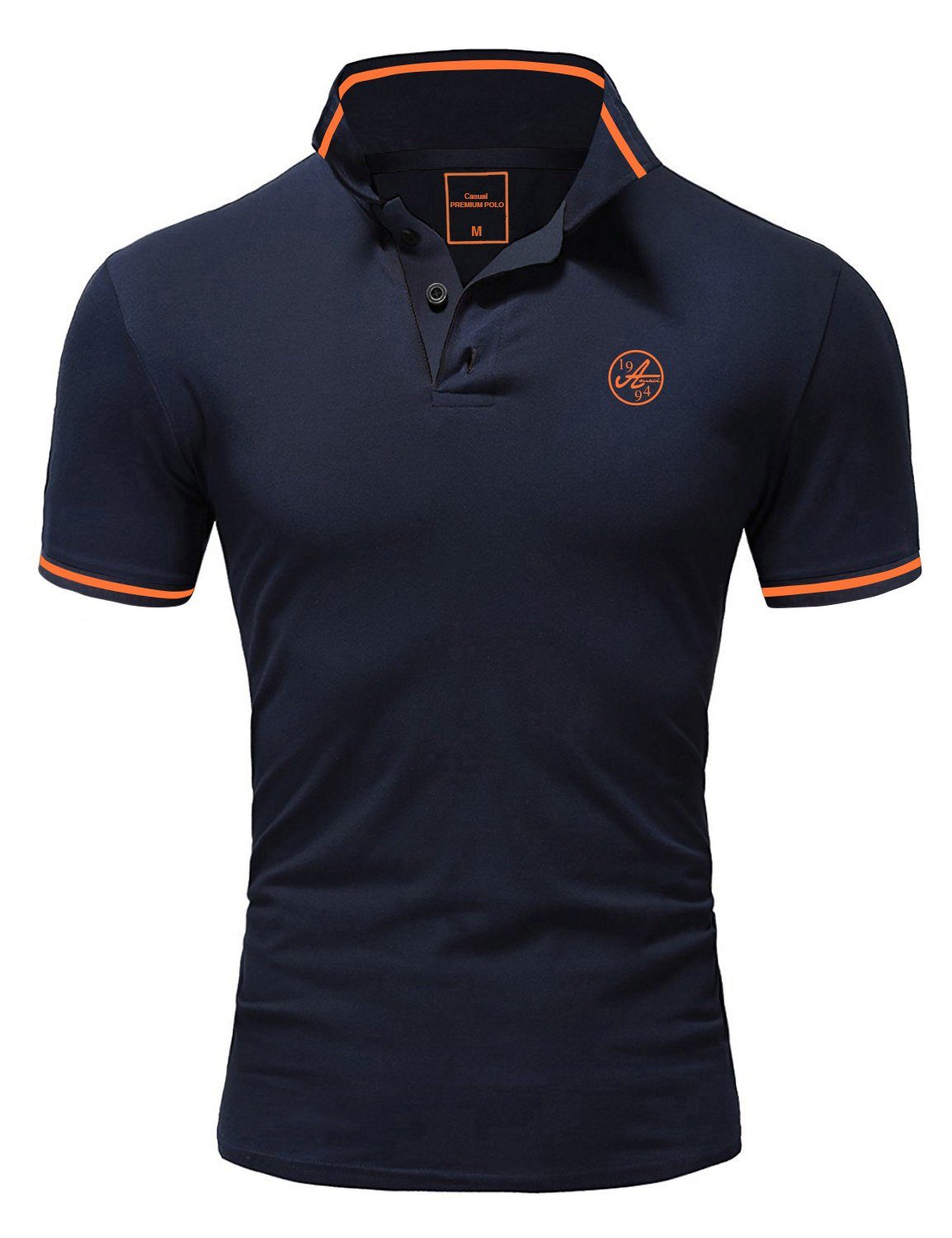 Amaci&Sons Poloshirt MACON Herren Basic Kontrast Stickerei Kurzarm Polohemd T-Shirt Navyblau/Orange