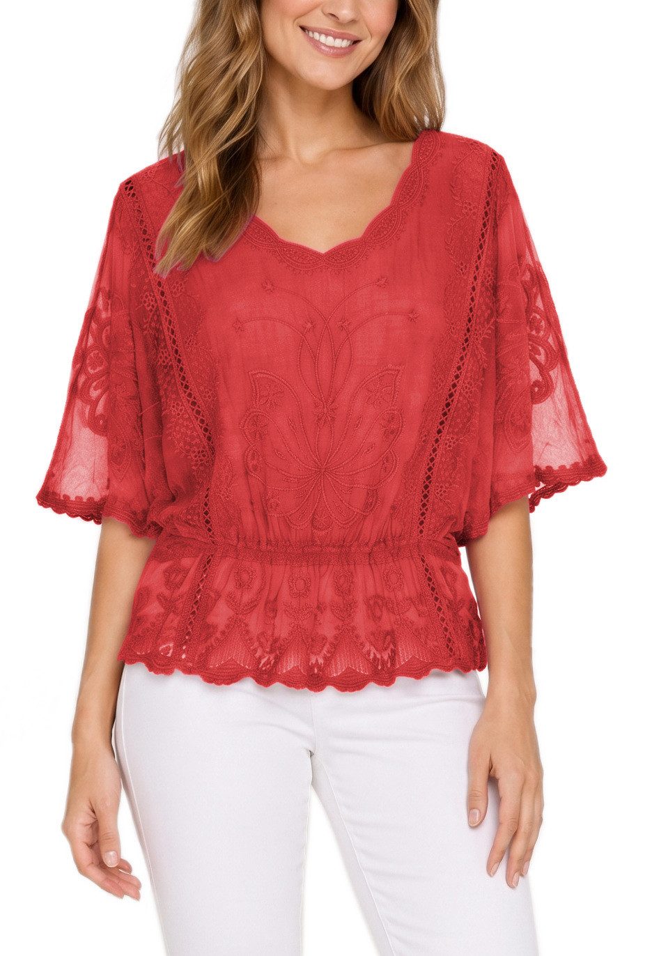 dy_mode Spitzenbluse Damen Sommerbluse mit Spitze Kurzarm Oberteil Einfarbig Transparent in Unifarbe, transparenten Ärmel