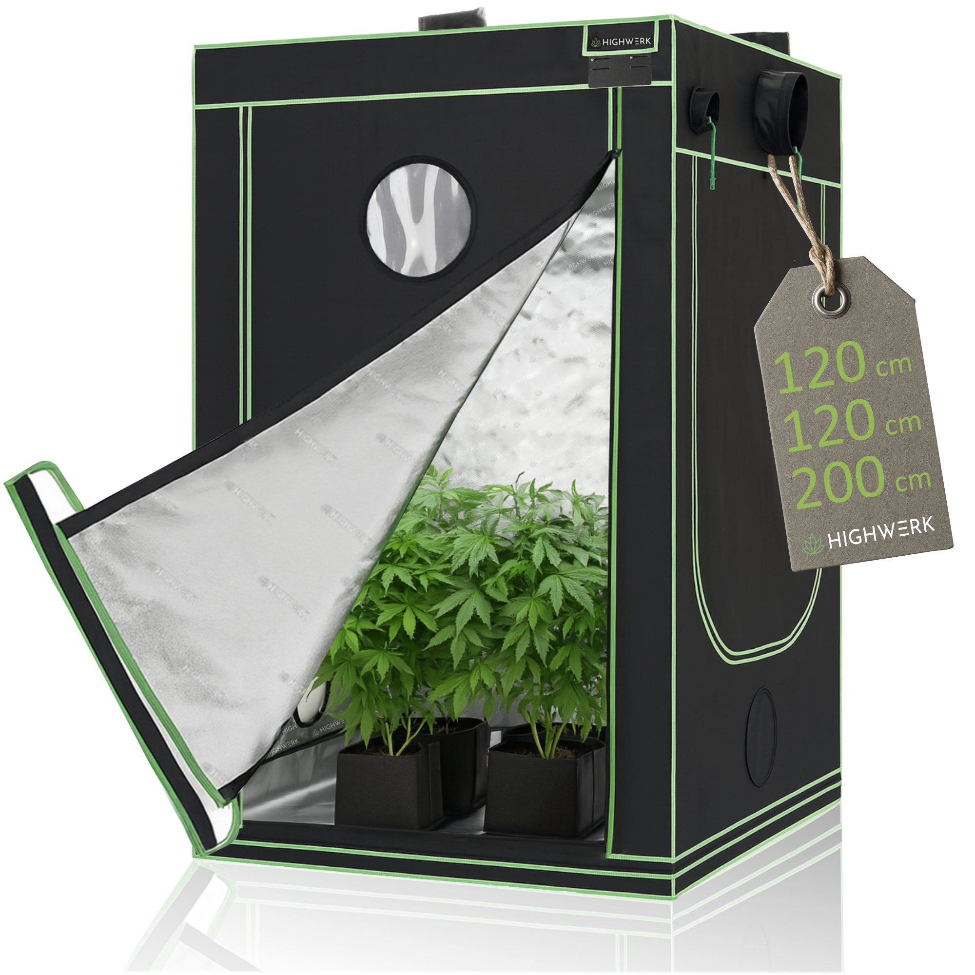 HIGHWERK Gewächshaus Growzelt 120 x 120 x 200 cm, Indoor Grow tent, schwarz grün