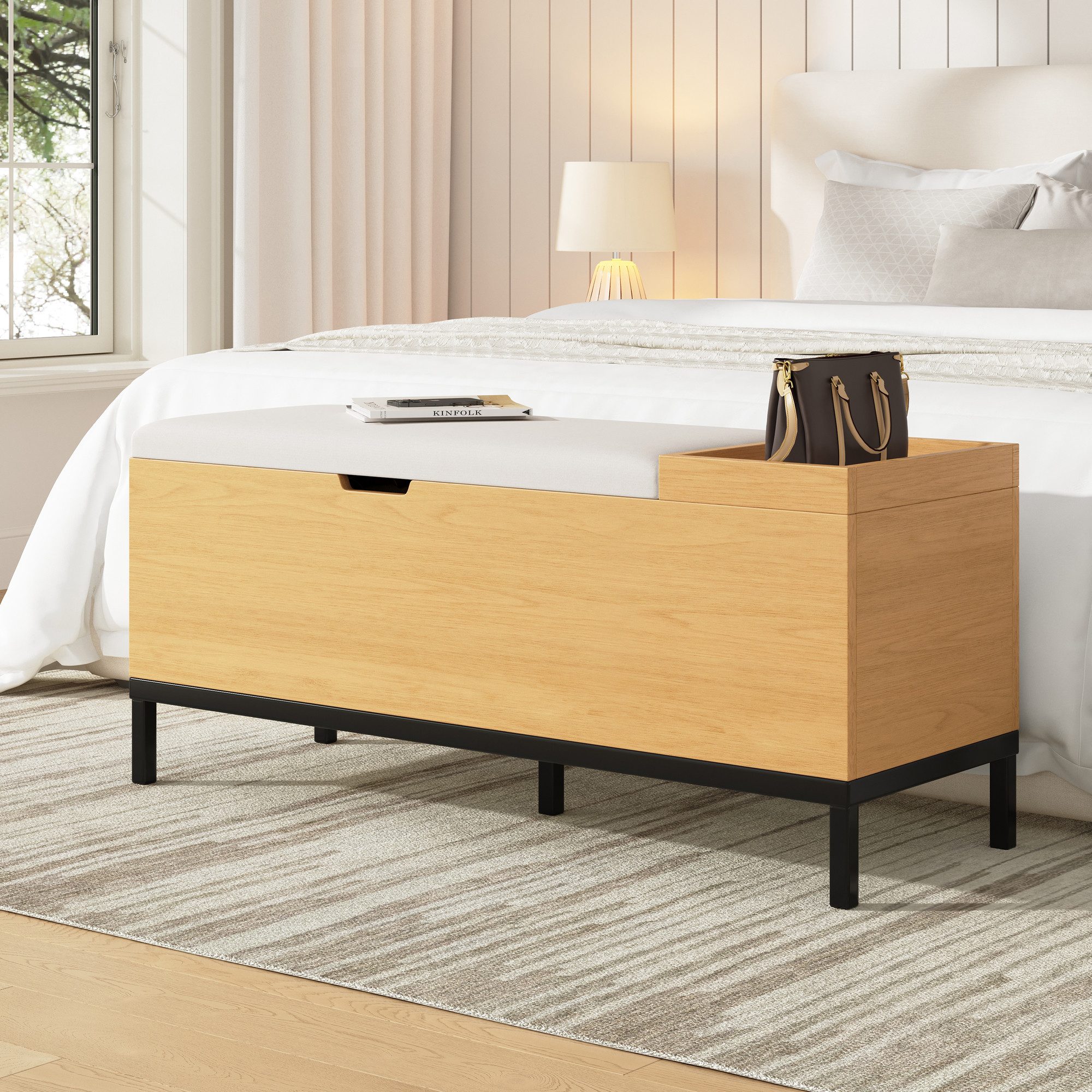 Flieks Polsterbank mit öffnbarer Aufbewahrungsbox (115×49,5×40 cm, 1-St., Sitzkissen aus Leinen), Sitzschrank mit Stauraum Schuhbank Holzoptik, Metallgestell