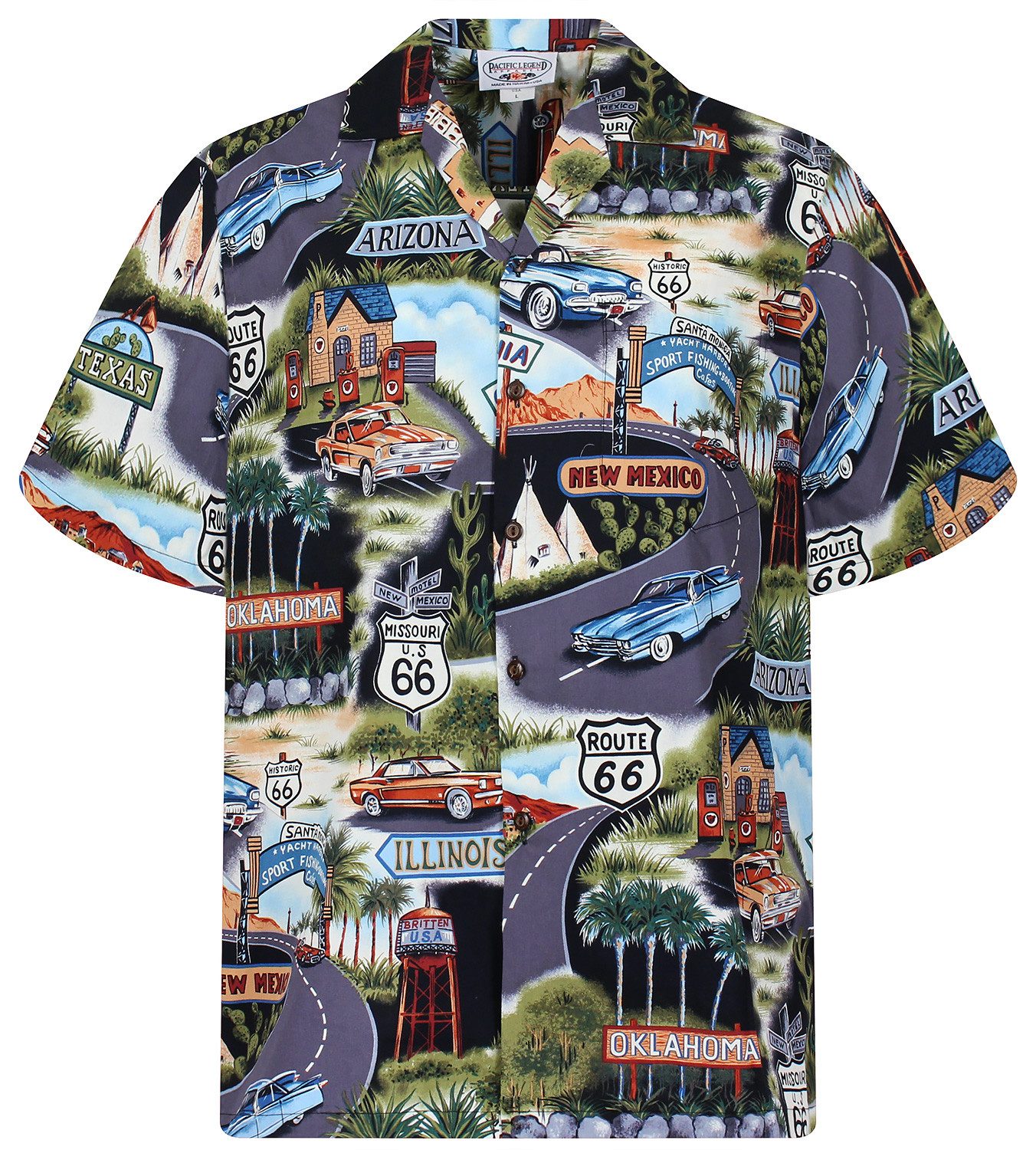 Pacific Legend Hawaiihemd "Breite Straße" Herren Kurzarm Baumwolle Kokosknöpfe Original Hawaii
