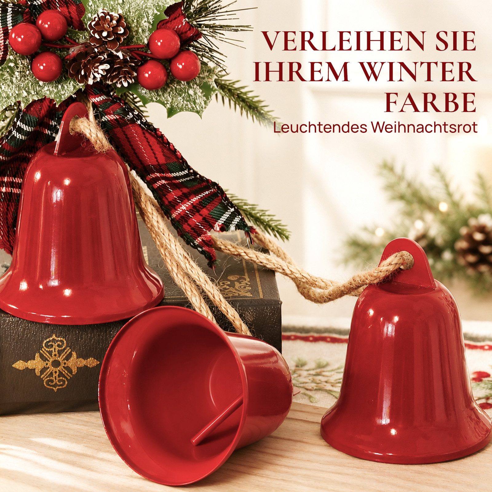 Quntis Dekohänger Weihnachtsglöckchen zum Aufhängen Rot Windspiele aus Eisen, deko (1 St), für Kamin, Treppe Geländer, Türkränze, Tür und Garten Dekoration – Bild 2 von 5