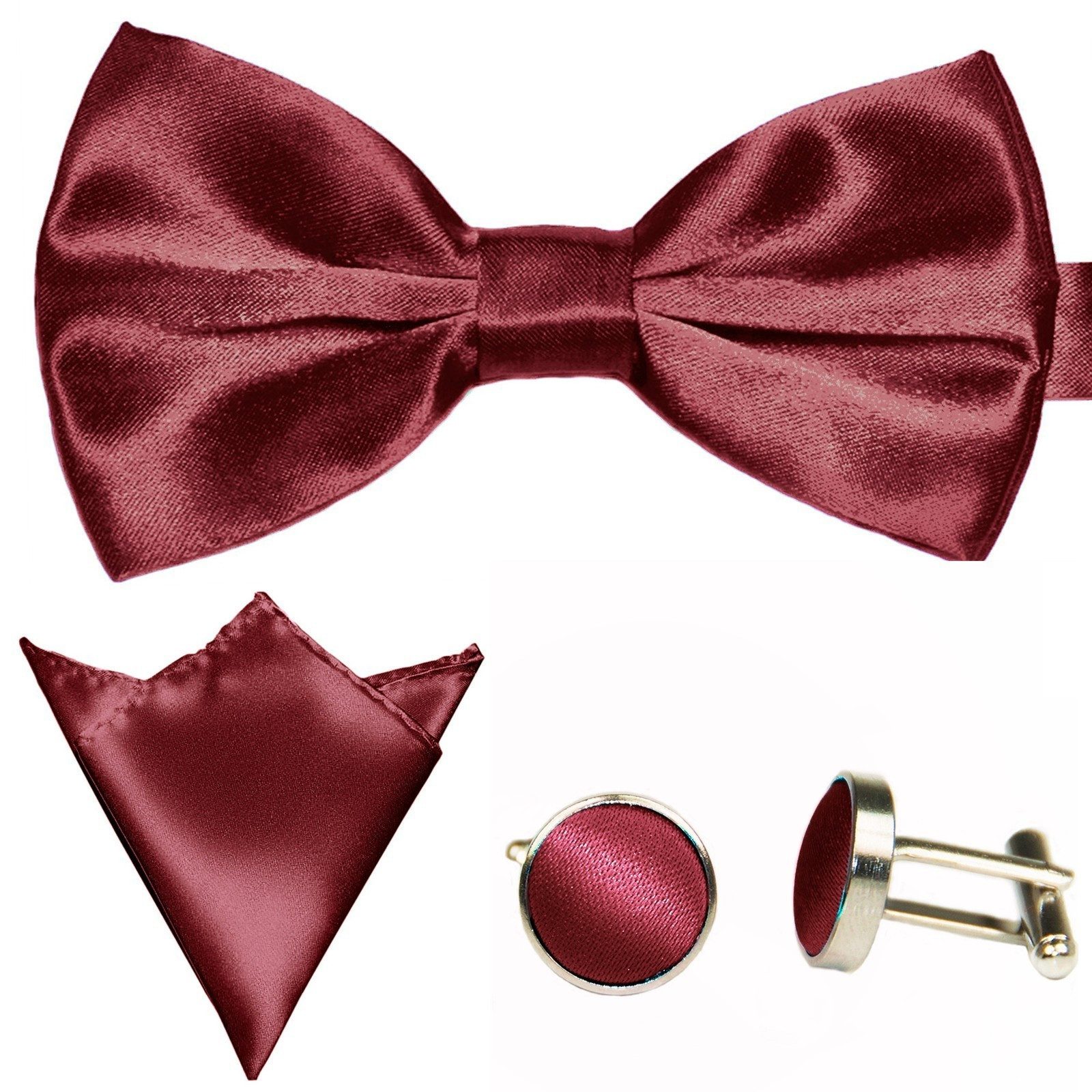 GASSANI Fliege Hochzeitsfliege, Herren-Schleife Kavalierstuch, Hochzeit Bräutigam (Set, 3-St., Manschettenknöpfe, mit Einstecktuch, Fliegenset) Uni, Seide-Touch-Finish, Vor-Gebunden Verstellbar