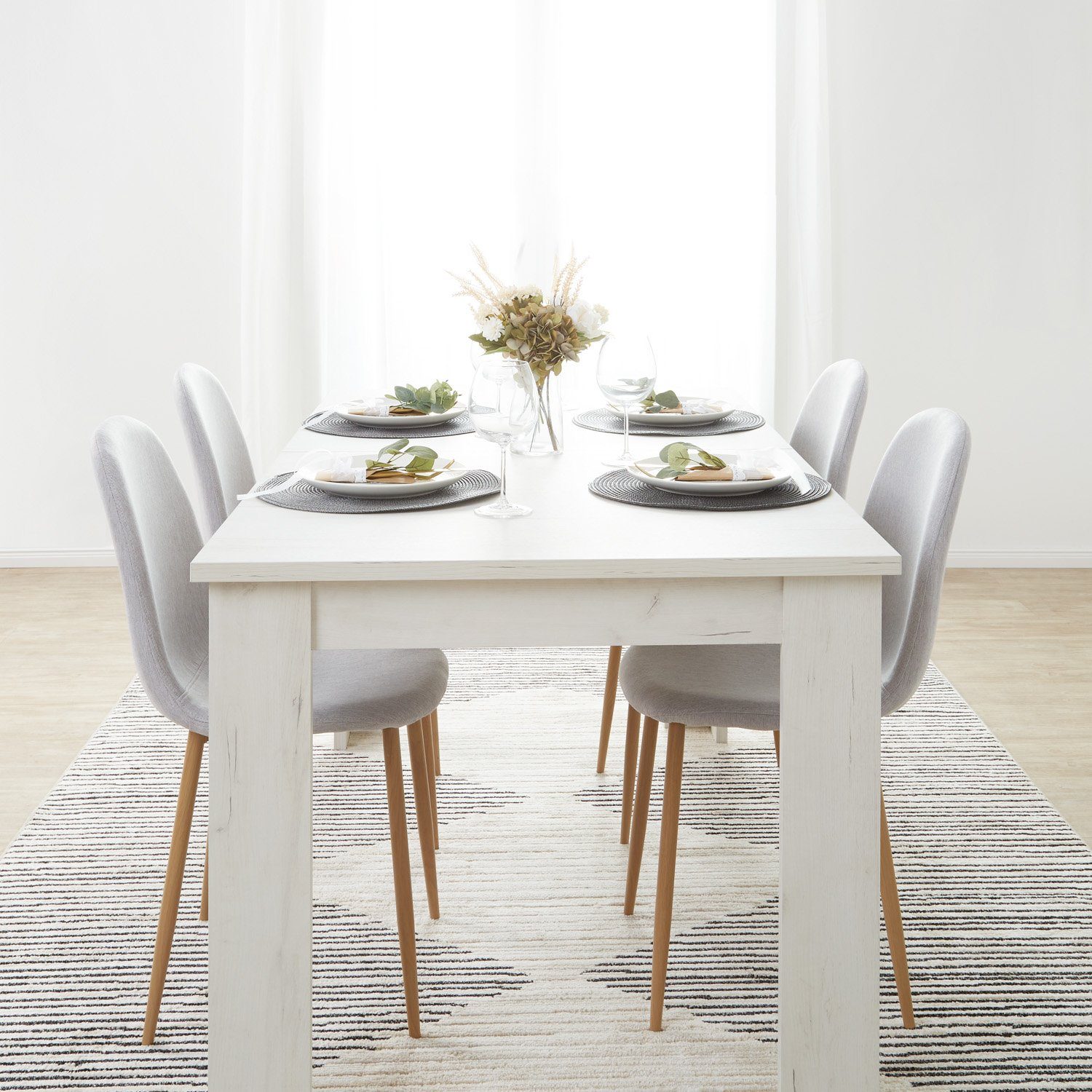 Homestyle4u Essgruppe Esstisch 90x160 bis 90x200 erweiterbar mit 4 Stühle beige Holz Weiß, (Set, Tisch mit 4 Stühlen, 5-tlg., Esszimmergruppe 5 teilig, Set/Komplettset), Polsterstuhl Leinen, Küchentisch ausziehbar Sitzgruppe Essstuhl