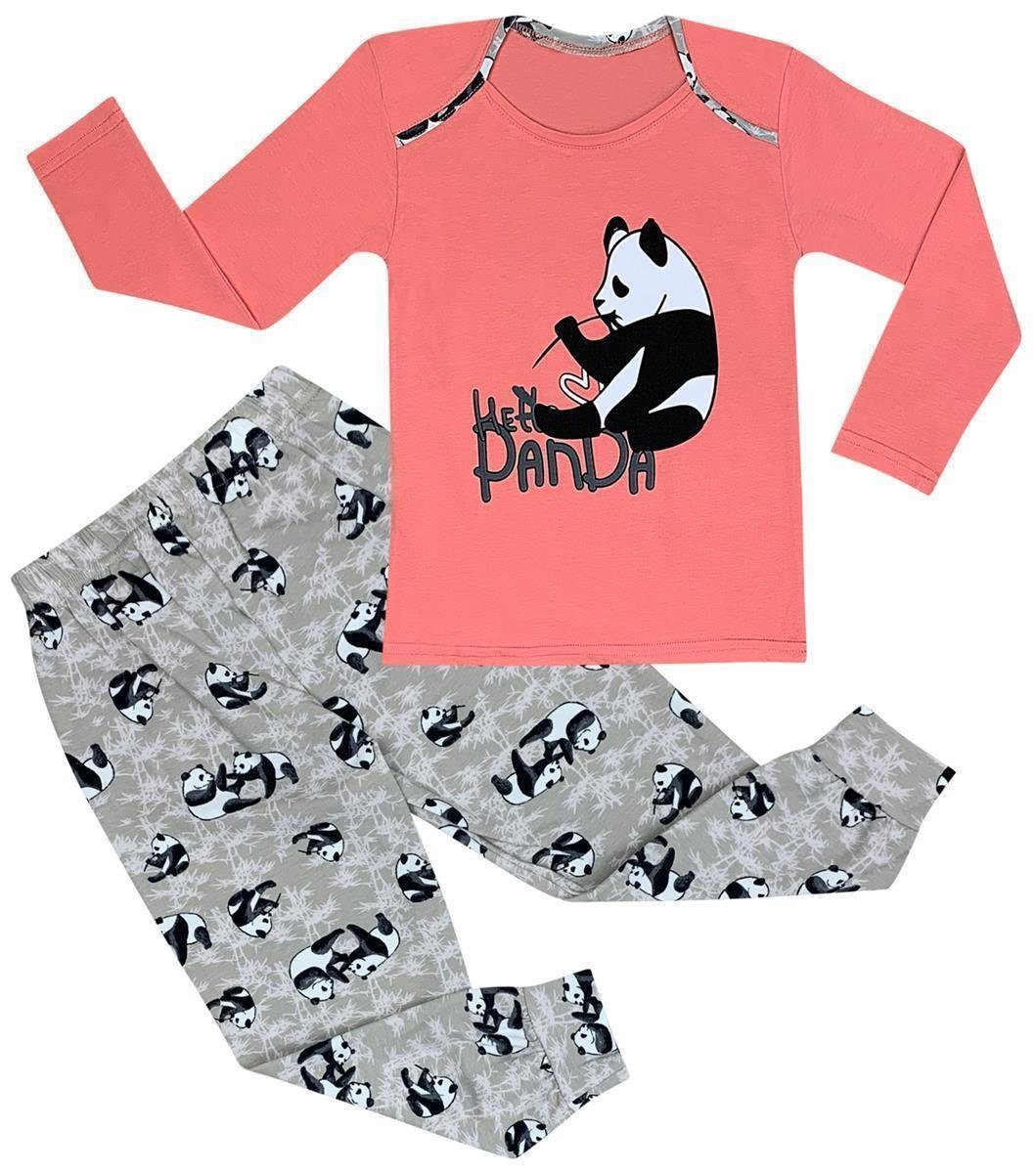 LOREZA Pyjama Mädchen Pyjama Set langarm Panda Schlafanzug Hausanzug Baumwolle (Set, 2 tlg) Koralle