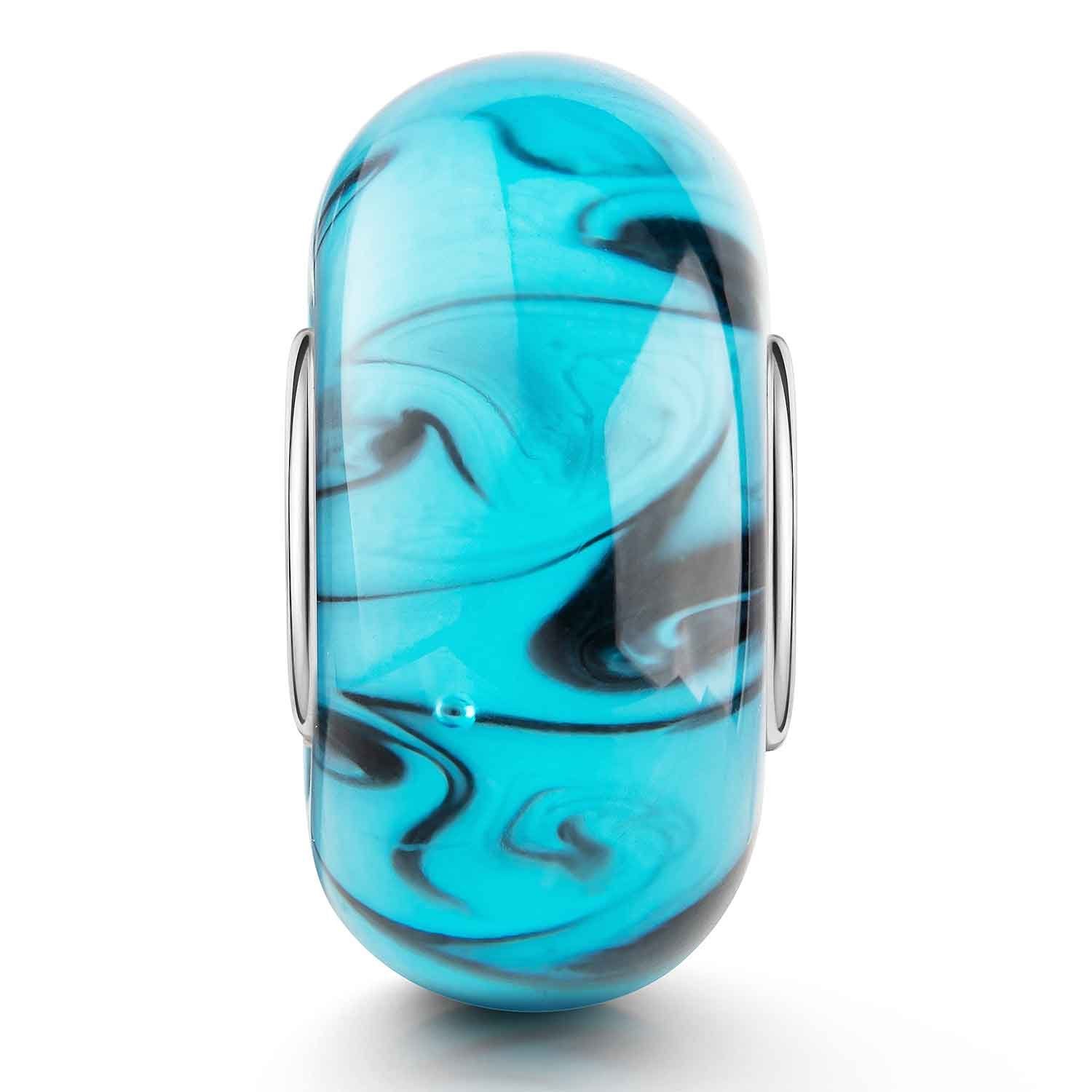 Materia Bead Glasperle gemustert Blau Schwarz abstrakt Hülse 925 Silber 598, Hülse aus 925 Sterling Silber
