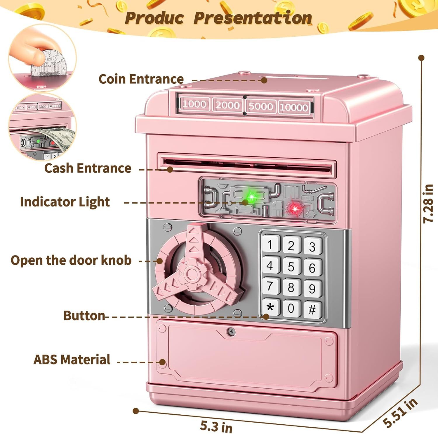 LA CUTE Spardose Elektronische Passwort-Sparschwein für Kinder Roségold Tresor, (Elektronische Spardose für Kinder ab 3 Jahren, Spardose mit Code, Ton, Münzschlitz – ohne Batterien), Kinderspardose mit Code, Geldeinzug & Sound in Roségold