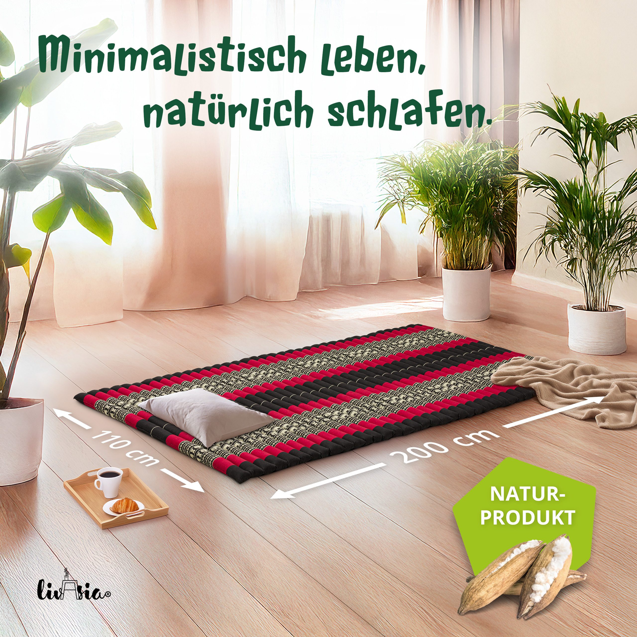 Naturmatratze Rollmatte 110 cm - 200x110x4,5cm, livasia, 4,5 cm hoch, Kapok, vegan, handgefertigt