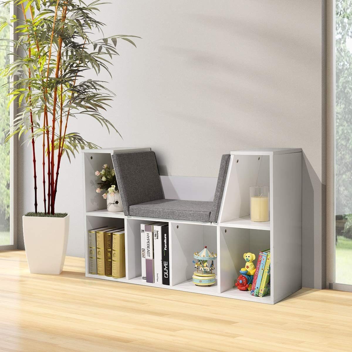 KOMFOTTEU Bücherregal Bücherschrank, mit Sitzkissen aus mit Sitzbank, weiß Holz