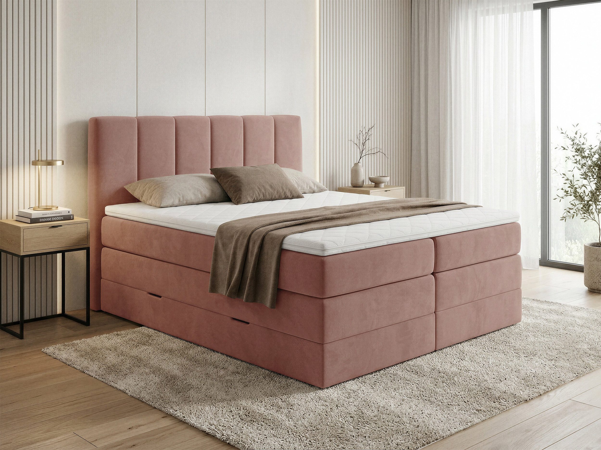 Sofnet Boxspringbett Star XL (2x Bettkästen, Bonellfederkern- und Taschenfederkernmatratze, Topper), Polsterbett, Doppelbett, Velours, mit Kopfteil, 140/160/180x200 cm