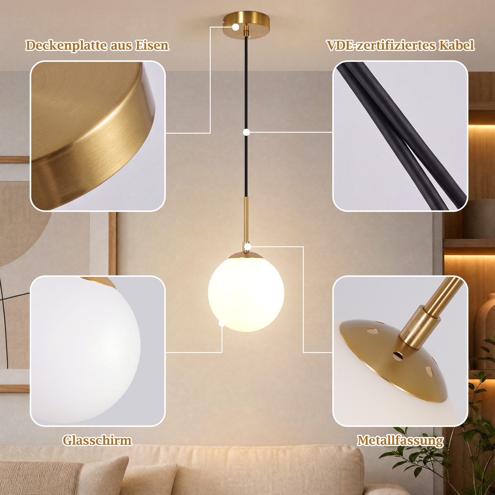 Nettlife Pendelleuchte 1/2/3flammig G9 Glas Kugel gold modern Hängeleuchte Esstisch, ohne Leuchtmittel, für Esszimmer Wohnzimmer Küche Schlafzimmer – Bild 5 von 5