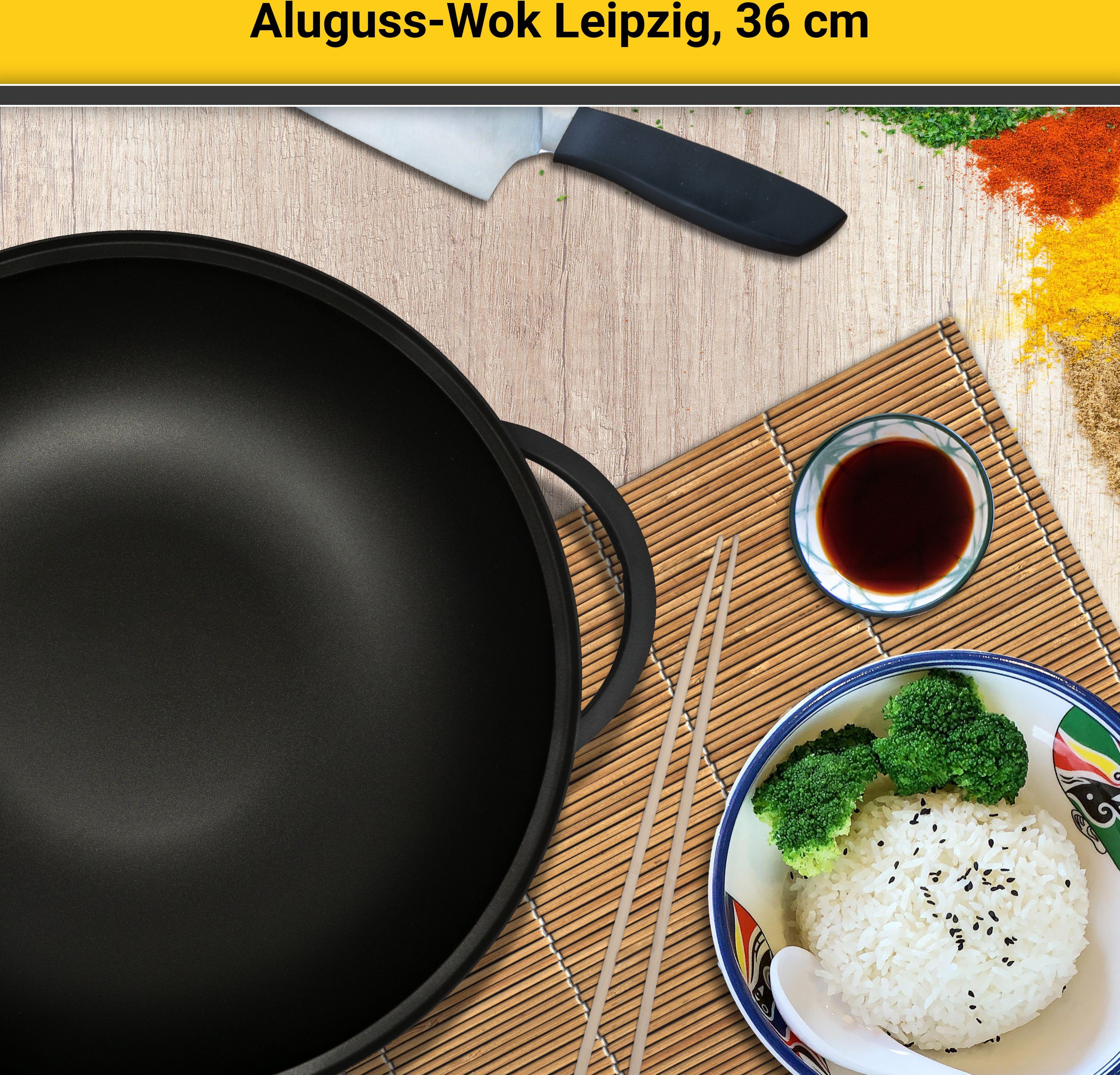 Krüger Wok Aluguss Wok mit Glasdeckel LEIPZIG, 36 cm, Aluminiumguss (1-tlg), hochwertige Antihaft-Versiegelung