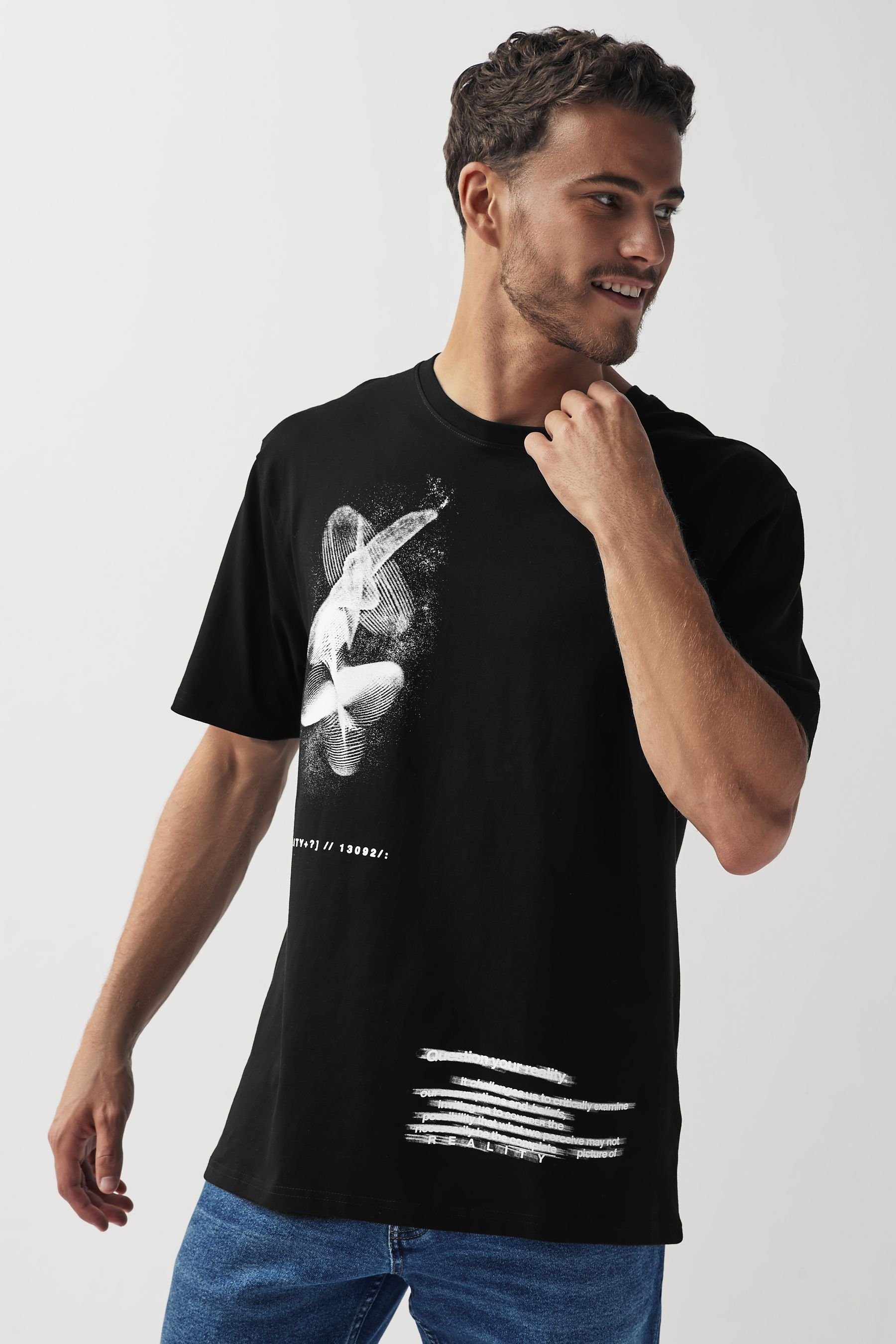 Next Print-Shirt Gemustertes T-Shirt im Relaxed Fit (1-tlg) Black