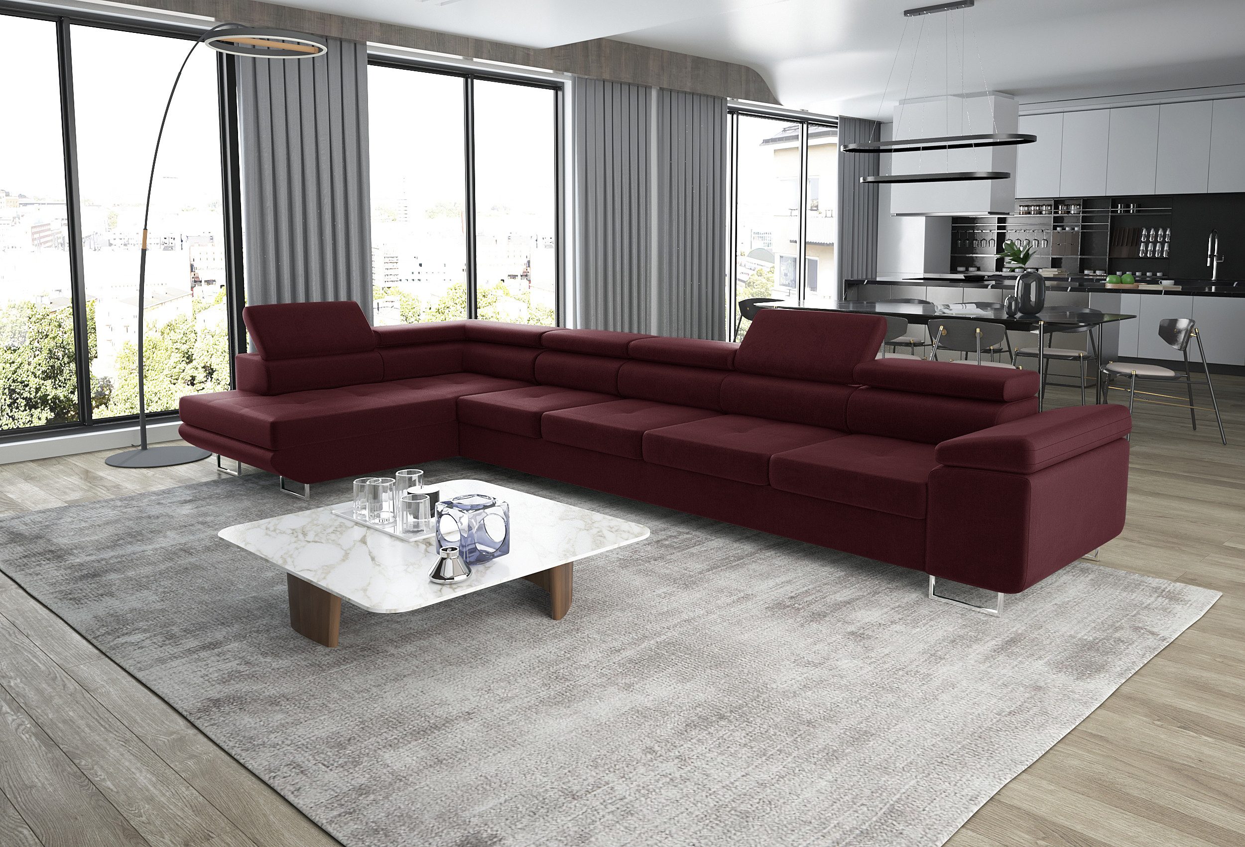 thematys Ecksofa ASTON MAXI 405 x 203cm mit Schlaffunktion & Bettkasten –, L-Sofa mit verstellbaren Kopfstützen, Samt (Monolith), Cord (Poso) - L-Form, XL-Wohnlandschaft, 405 cm breit