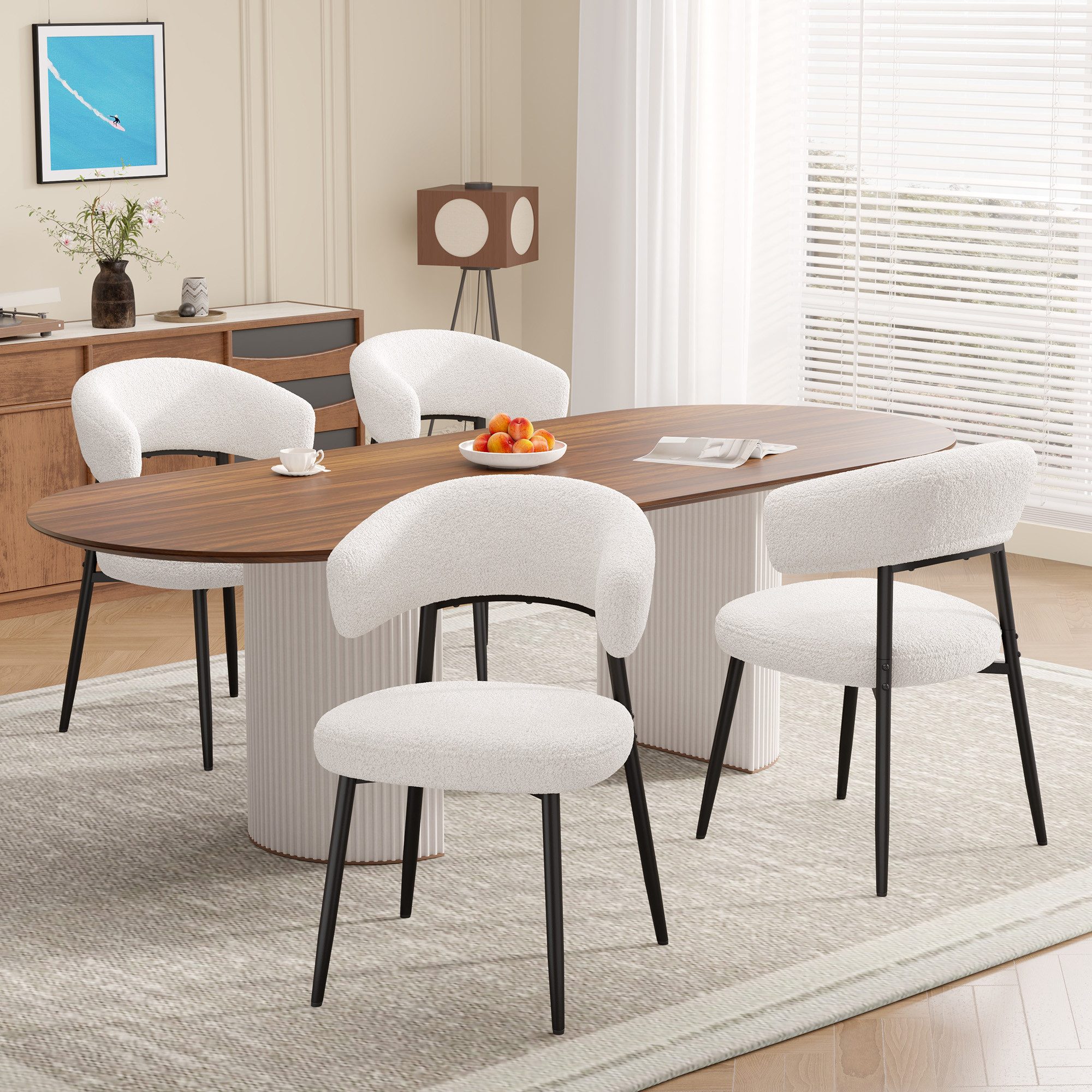 HawthyHome Esszimmerstuhl mit Bouclé-Bezug, geschwungener Rückenlehne & Metallbeinen, 2er Set (4 St), Ergonomisches Design, Bodenschutz & Standsicherheit