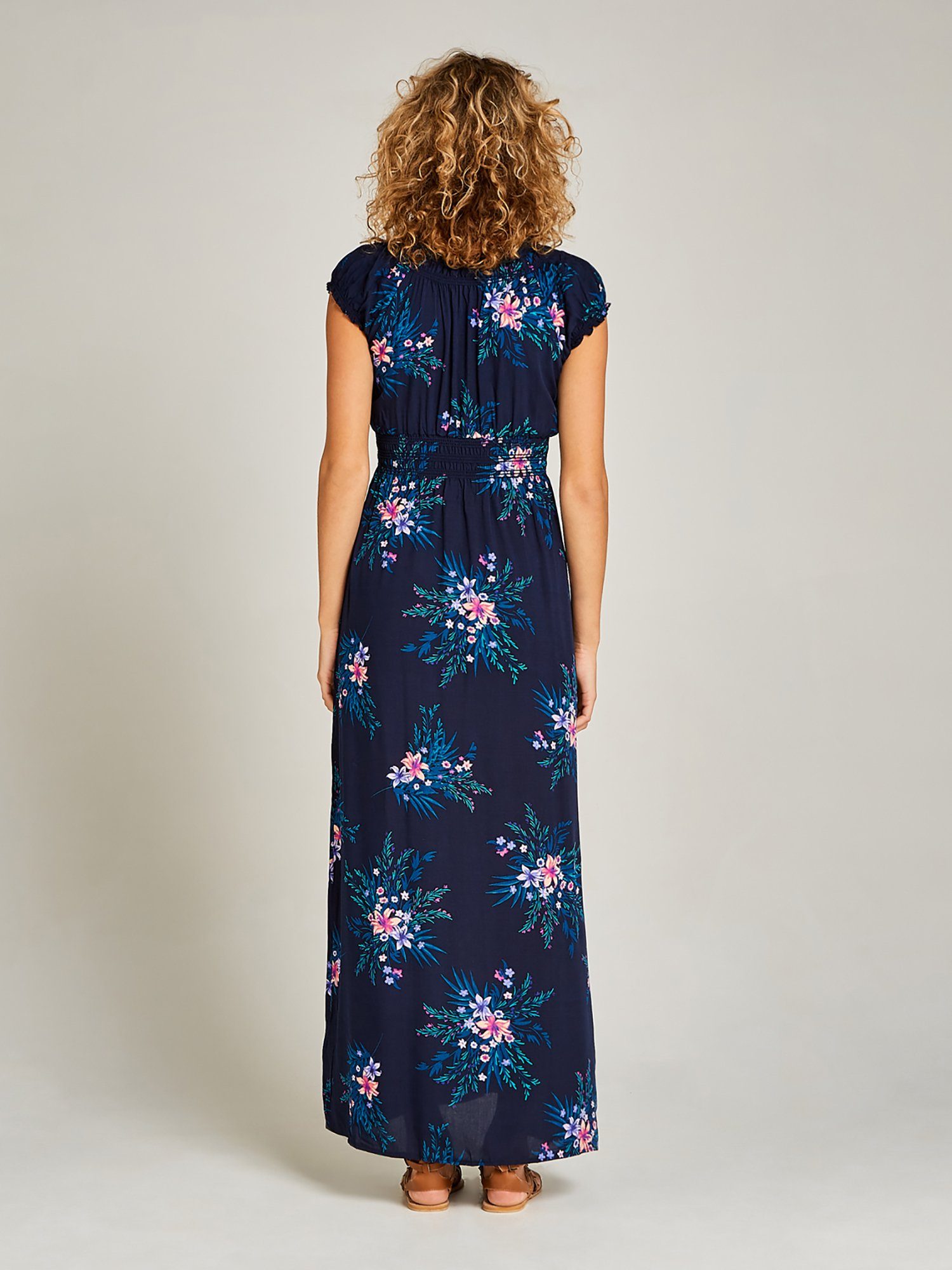 Apricot Maxikleid Hibiscus Spray Smock V-neck Maxi mit Smokband