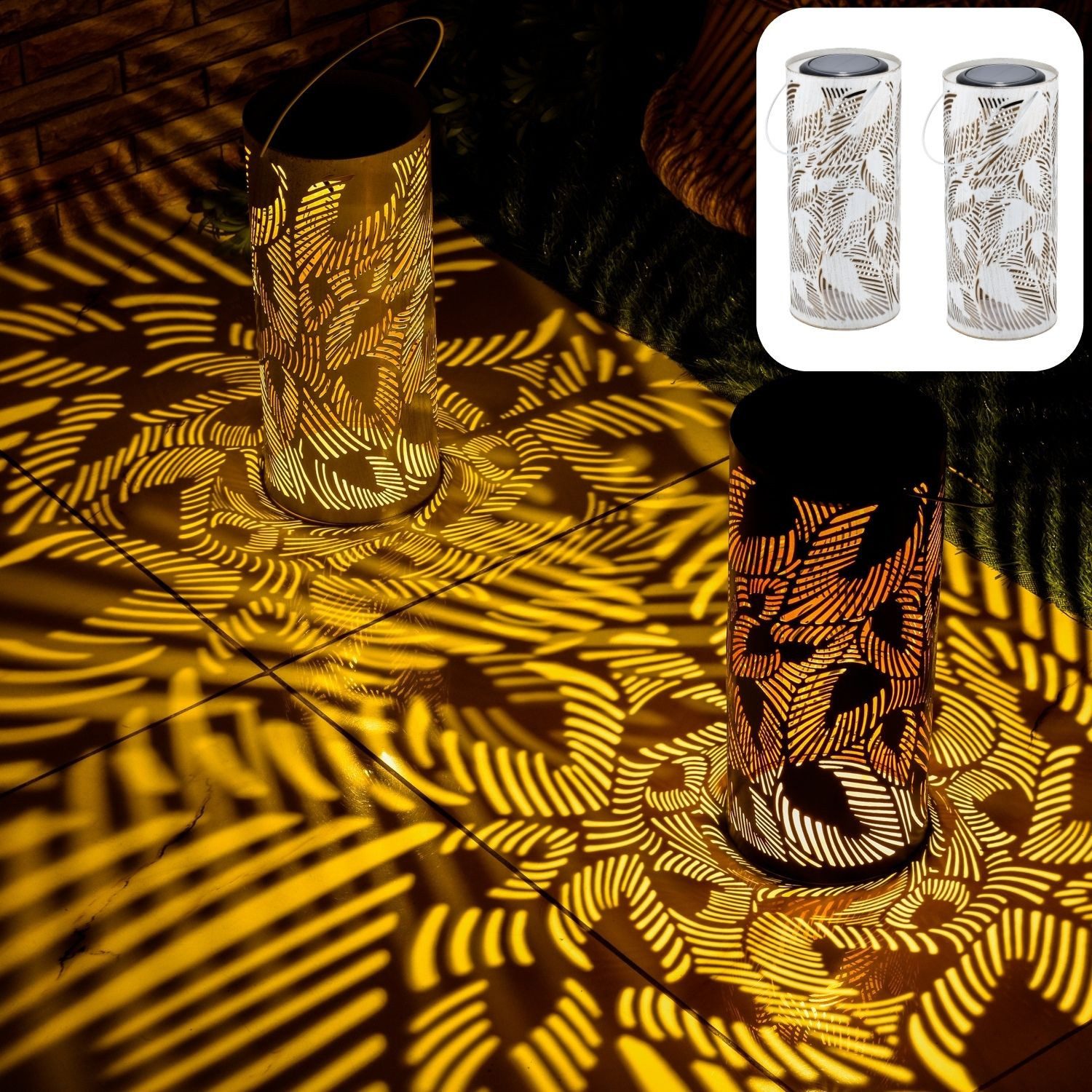 Marrakesch Orient & Mediterran Interior LED Solarleuchte 2er Set Boho Solarlaterne Solar Laterne Windlicht Lampe Outdoor Weiß, LED fest integriert, Handarbeit