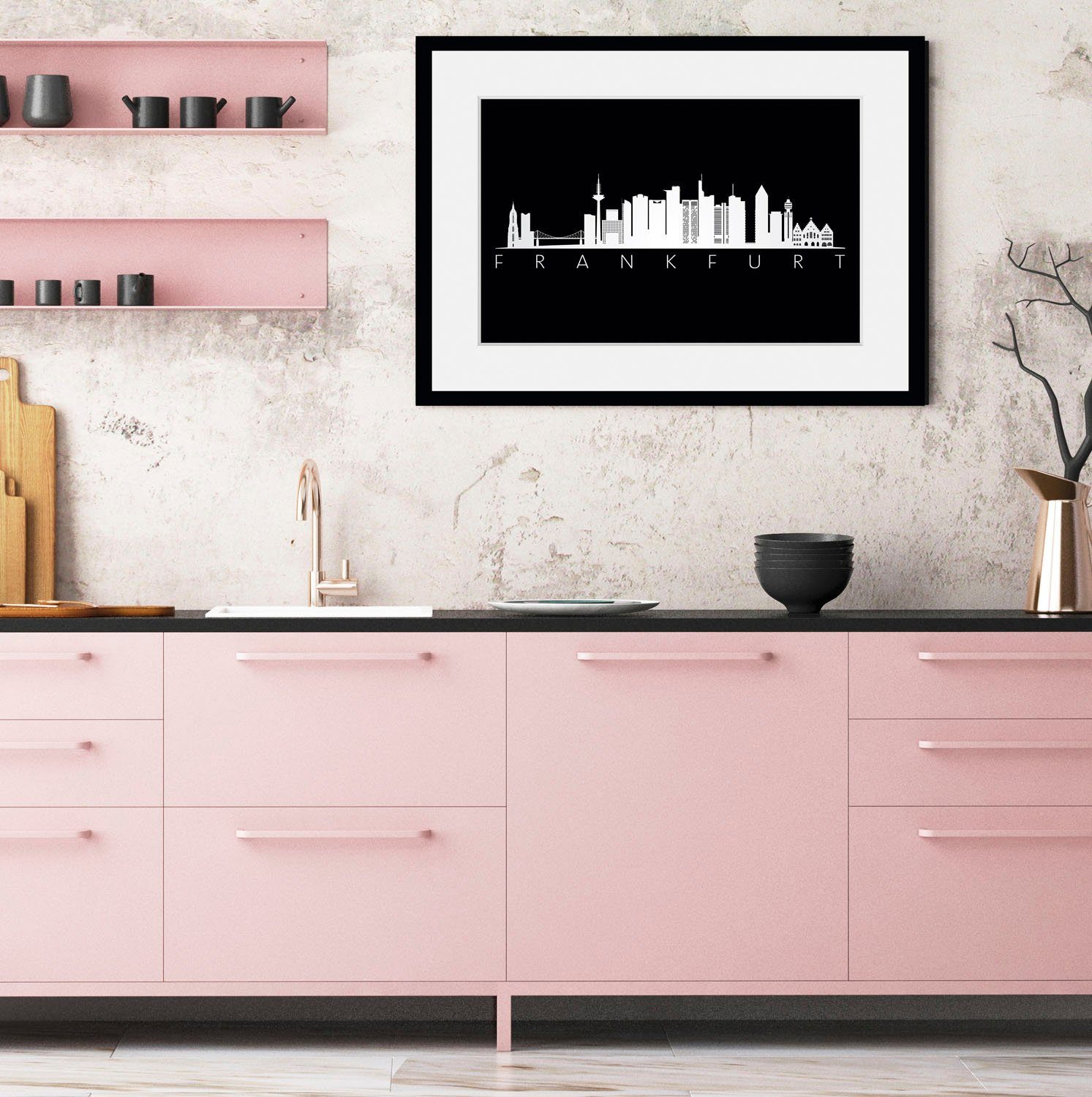 queence Bild Frankfurt Skyline BLACK, Deutschland, Frankfurt am Main, Schriftzug, Schwarz-Weiß, Stadt, Städte (1 St), HD Premium Poster-Druck inkl. Holzrahmen