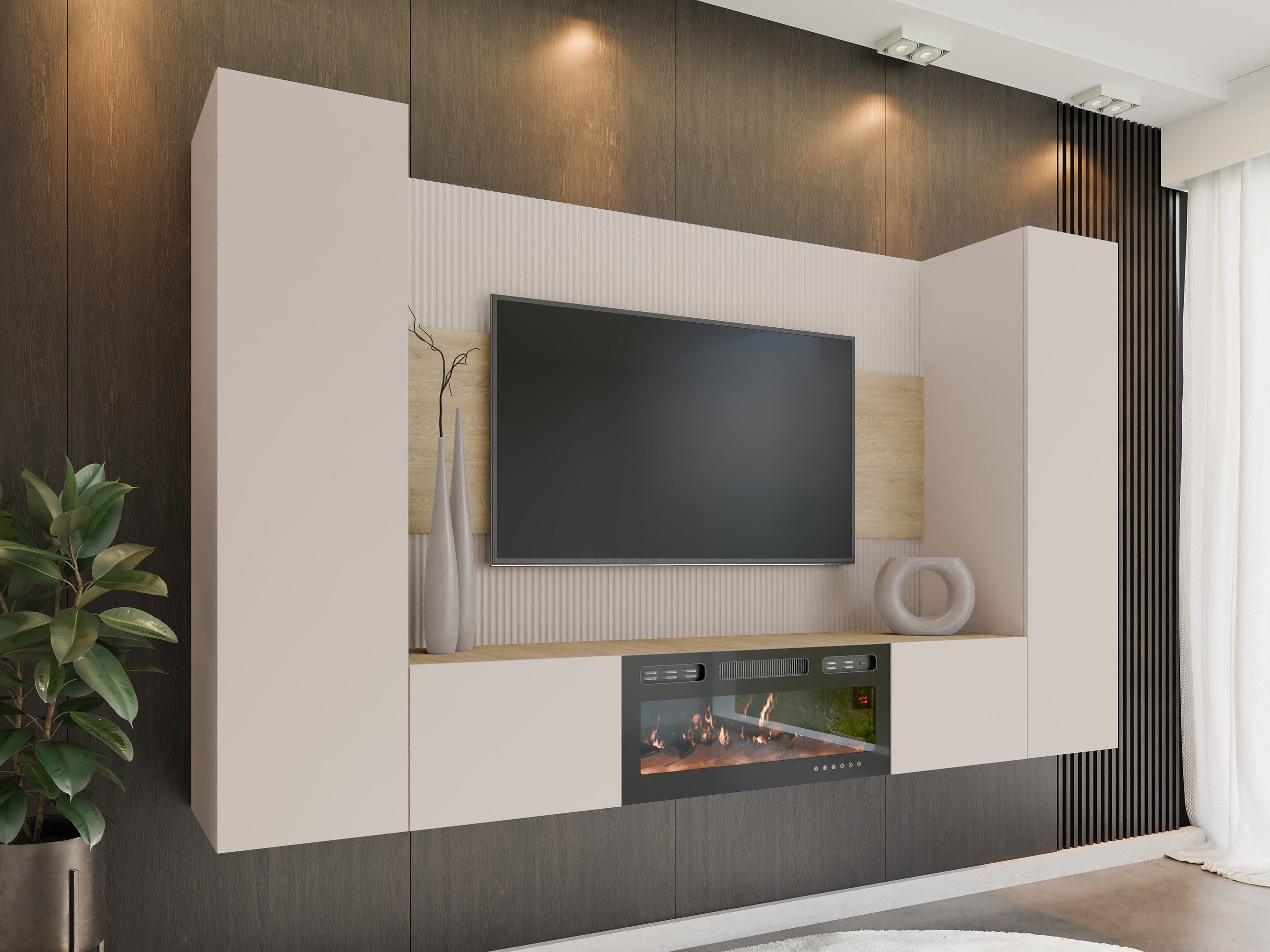 MIRJAN24 Wohnwand Deromi V mit Kamin, (4er-Set, TV-Lowboard mit Wandpaneel, 2x Hängeschrank), Realistische LED-Flamme, Push to open