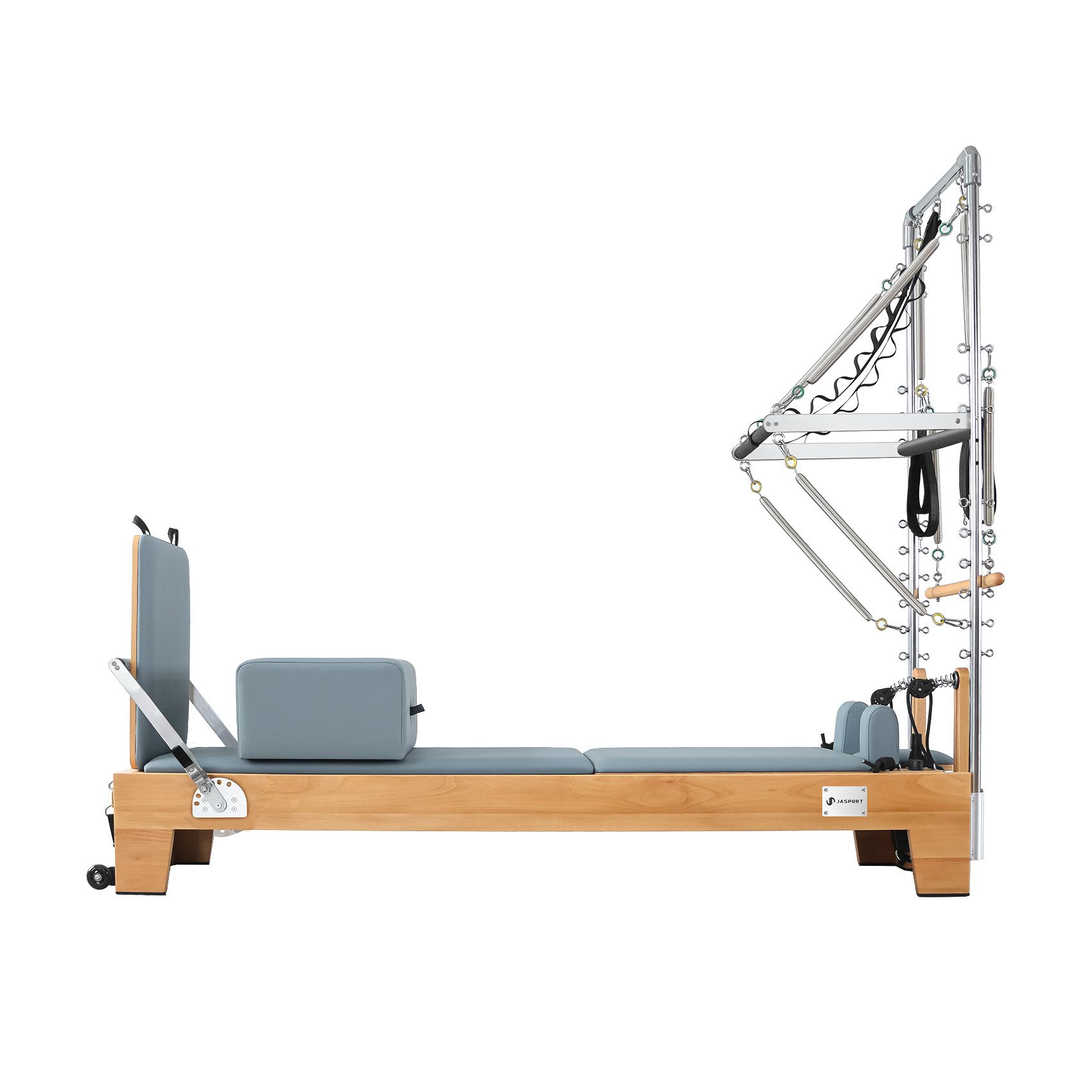 JASPORT Pilates-Reformer B80 mit Tower aus Buchenholz, 150 kg belastbar, (Pilates Reformer Set inkl. Tower und Zubehör), Massives Buchenholz, Mehrfaches Federsystem