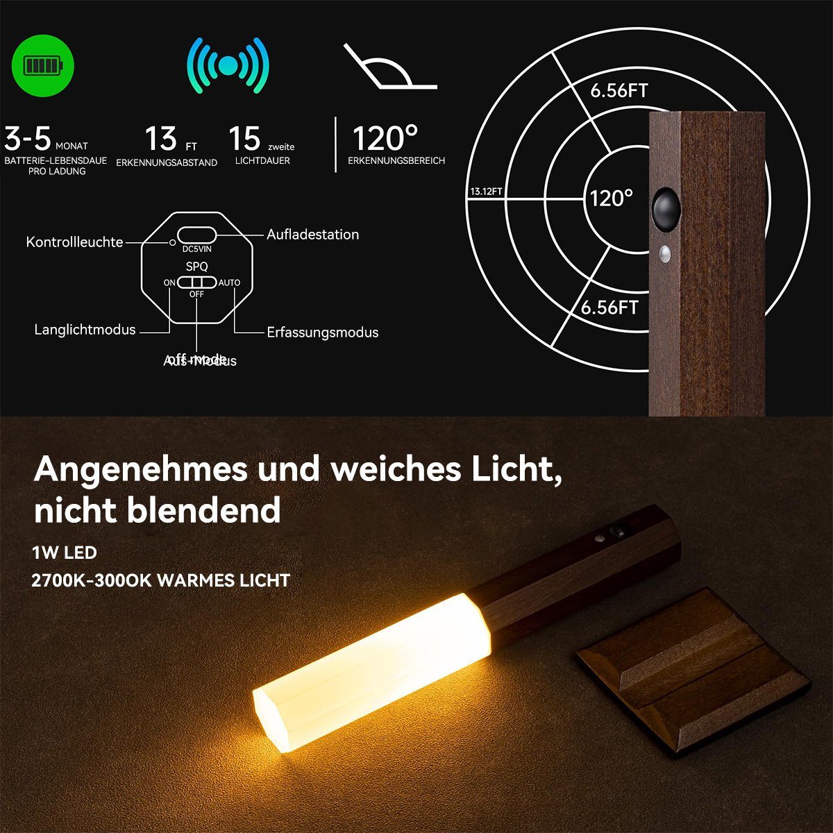 Welikera Wandleuchte 2 Stück Echtholz Smart Bewegungssensor Weiß Licht,Vielseitige gewachstes Holz Wandlampe