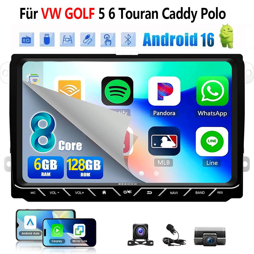 ESSGOO DAB+ Android16 6+128G Carplay GPS 4G Für VW GOLF 5 6 Touran Caddy Polo Autoradio (6GB+128GB, RDS, 4G LTE, FM, AM, DAB+ (optional), SWC, Carplay Android Auto Bluetooth EQ USB GPS Navi WIFI Touchscreen)