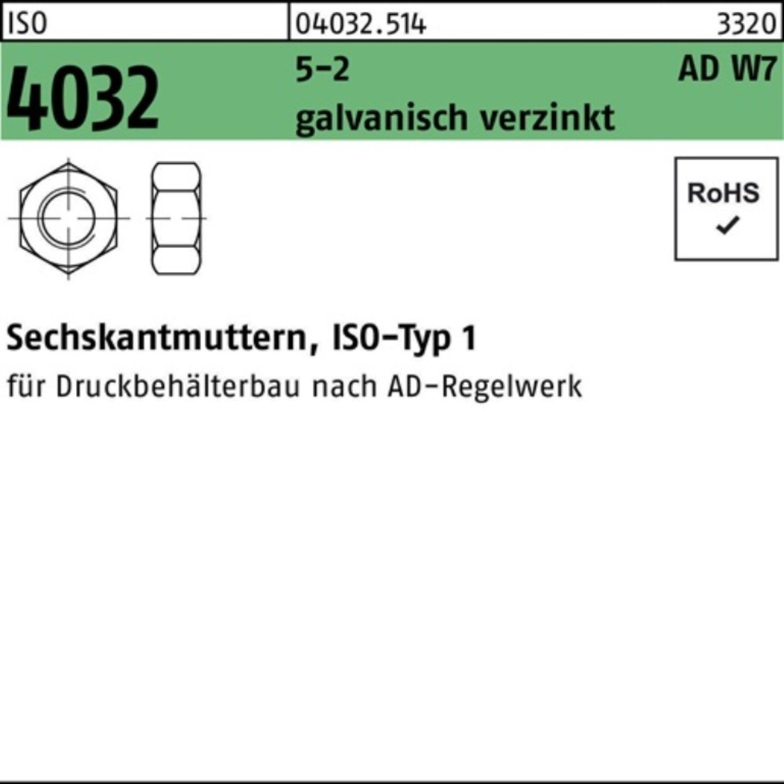 Bufab Muttern 100er Pack Sechskantmutter ISO 4032 M20 5-2 AD W7 galv.verz. 100 Stüc