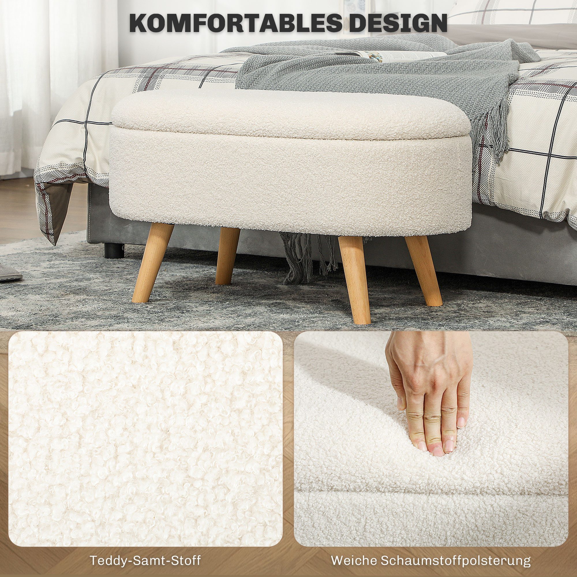 HOMCOM Sitzbank Polsterbank mit Teddysamtoptik, Bettbank mit Deckel, Holzbeine (Truhenbank, 1-St., Polsterbank), für Flur Schlafzimmer Wohnzimmer, Holzrahmen 82 – Bild 5 von 5