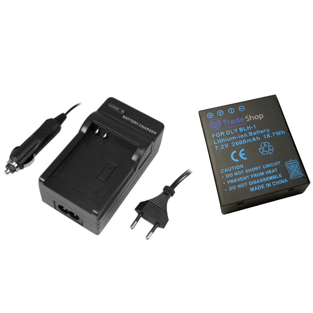 Trade-Shop 2in1 Set passend für Olympus Mark III E-M1X Ladegerät + Kamera-Akku Li-Ion 2600 mAh (7,2 V), Für 220V Steckdose und 12V/24V Kfz Zigarettenanzünder