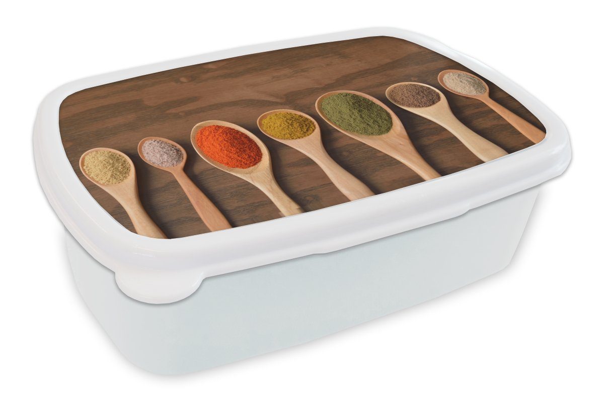 MuchoWow Lunchbox Farbige Gewürze auf Löffeln, Kunststoff, (2-tlg), Brotbox für Kinder und Erwachsene, Brotdose, für Jungs und Mädchen weiß