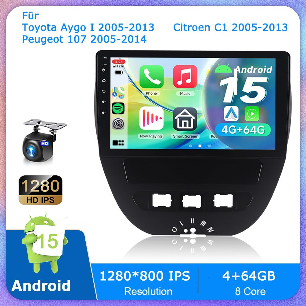 A-Sure Für Toyota Aygo Peugeot 107 Citroen C1 2005-2013 Android 15 USB Navi Autoradio (Digitalradio (DAB), Apple Carplay, DSR, RDS, USB, SWC, iri, Mirrorlink, Google play, Netflix, Youtube, Calendar, TikTok)