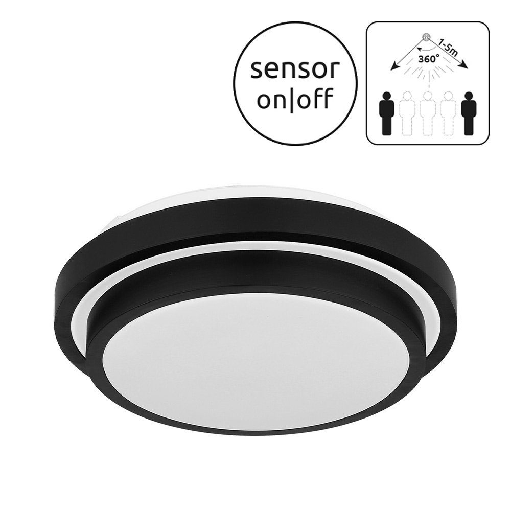 fest D Deckenleuchte, cm Sensor Deckenlampe LED-Leuchtmittel Neutralweiß, LED LED etc-shop IP44 schwarz Badezimmerleuchte 30 verbaut,