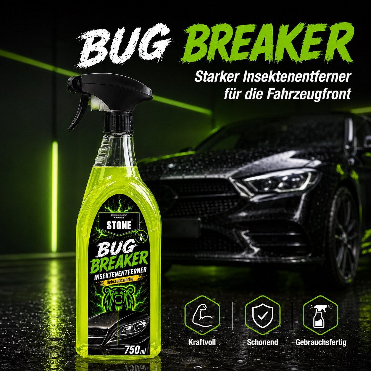 STONE Bug Breaker Insektenreiniger - 750 ml Insektenentferner (1-St. Gebrauchsfertiger Insektenreiniger für Lack, Glas & Kunststoff)