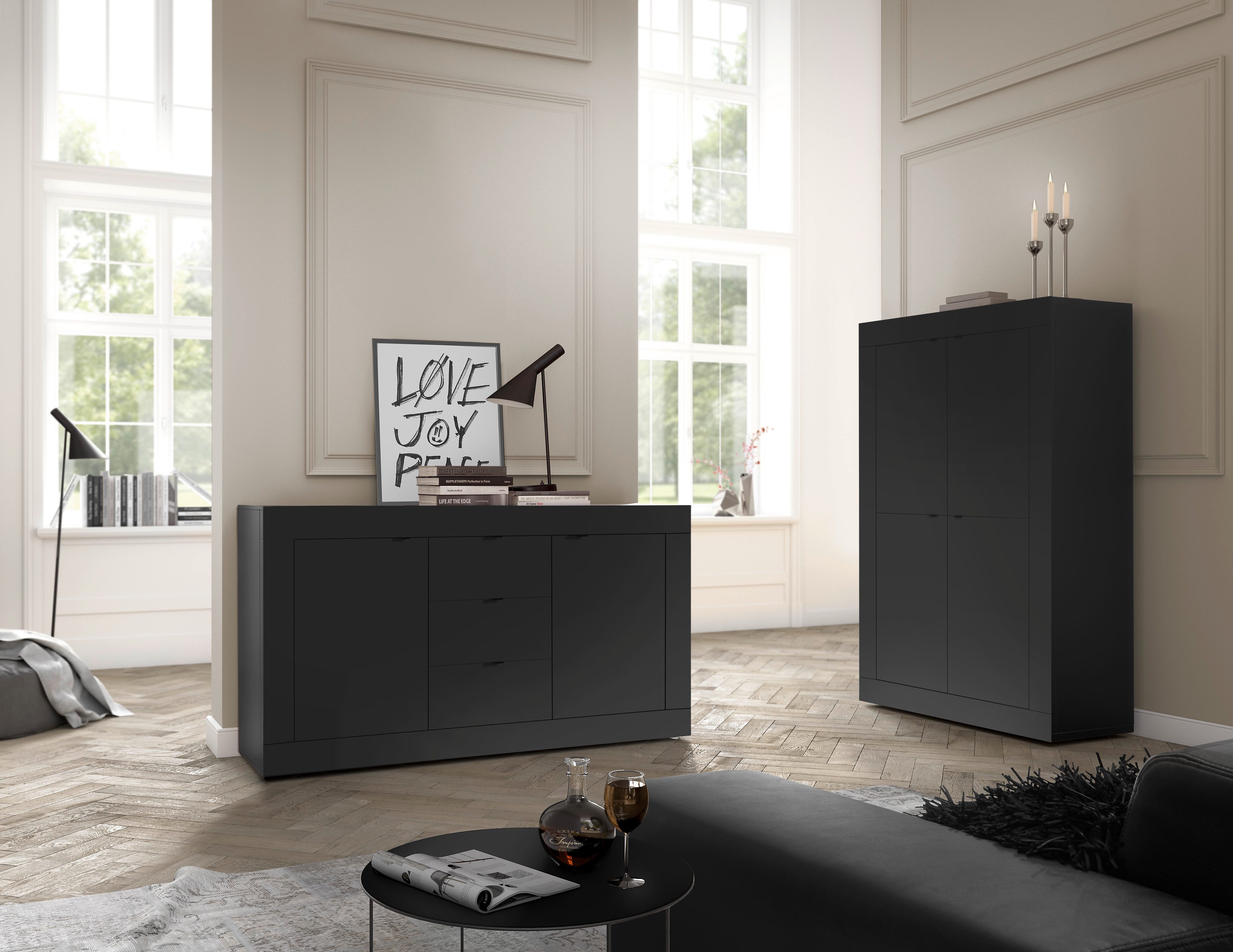 Home affaire Highboard Basic Höhe 162 cm, Breite 102 cm, Kommode 4 Türen, Hochkommode, Metallgriff, moderne Rahmenoptik, viel Stauraum, Farbauswahl