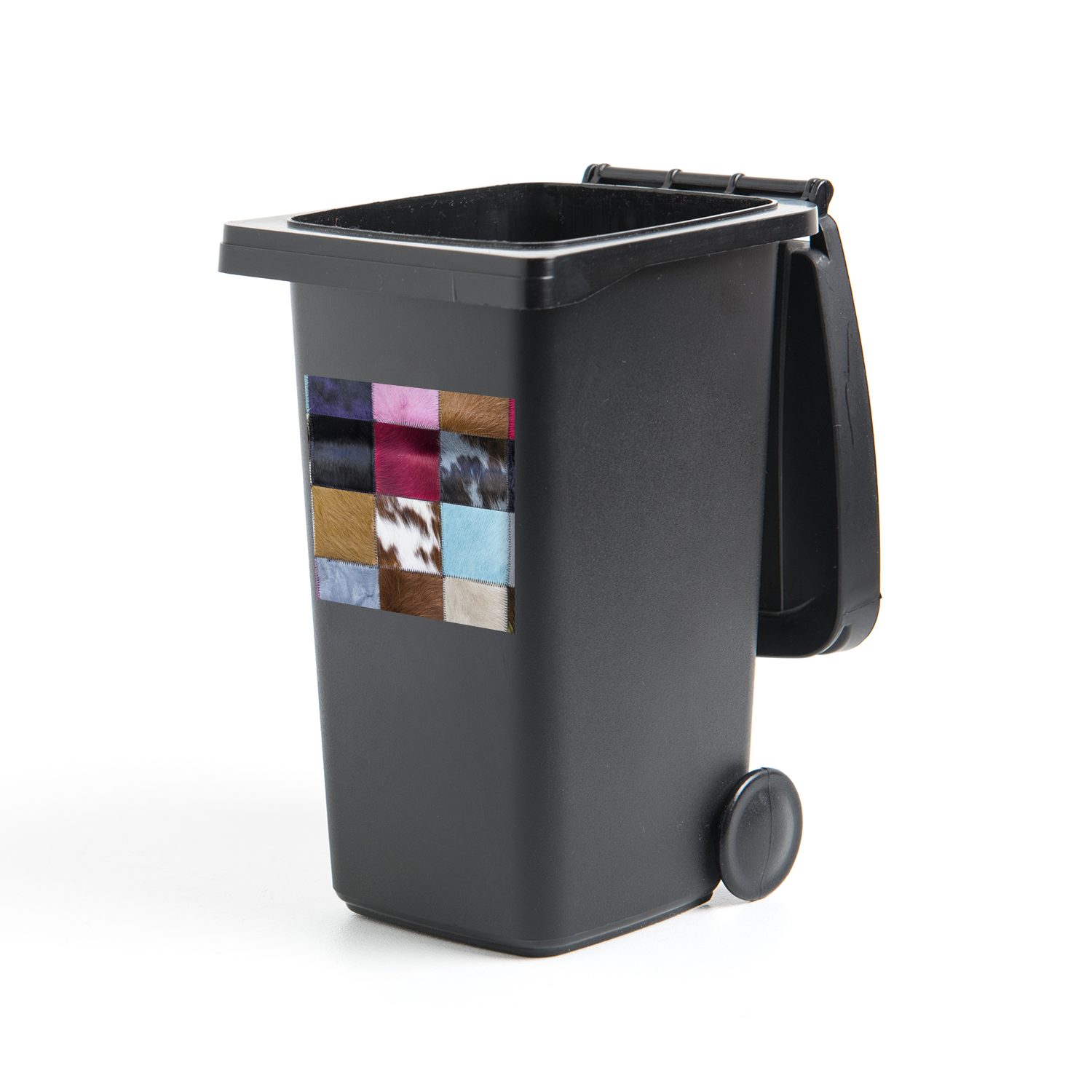 MuchoWow Wandsticker Ein farbenfroher Karoteppich mit unter anderem Kuhfell (1 St), Mülleimer-aufkleber, Mülltonne, Sticker, Container, Abfalbehälter