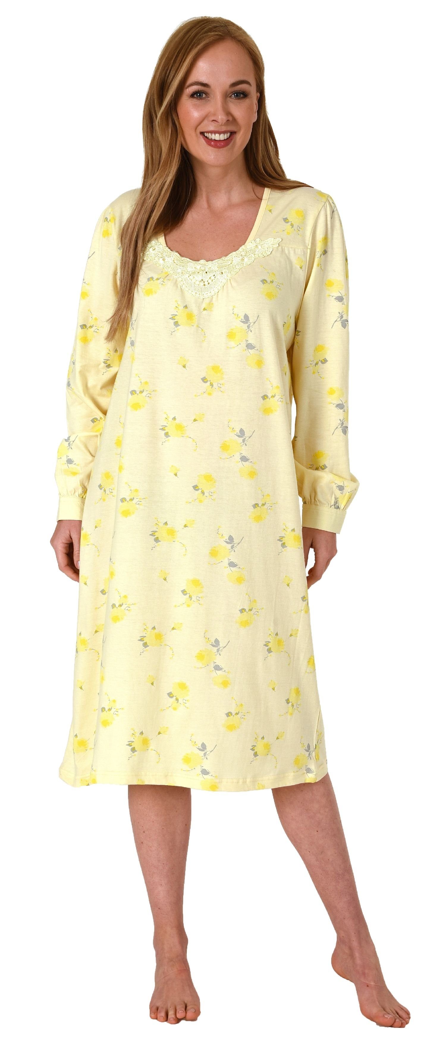 Normann Nachthemd Frauliches Damen Nachthemd mit Spitze, cm Länge, Knopfleiste am Hals gelb