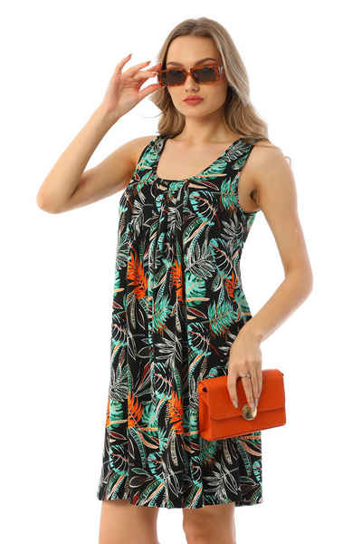 Bongual Sommerkleid Freizeitkleid A-Linie mit Falten und Palmenblätter Muster
