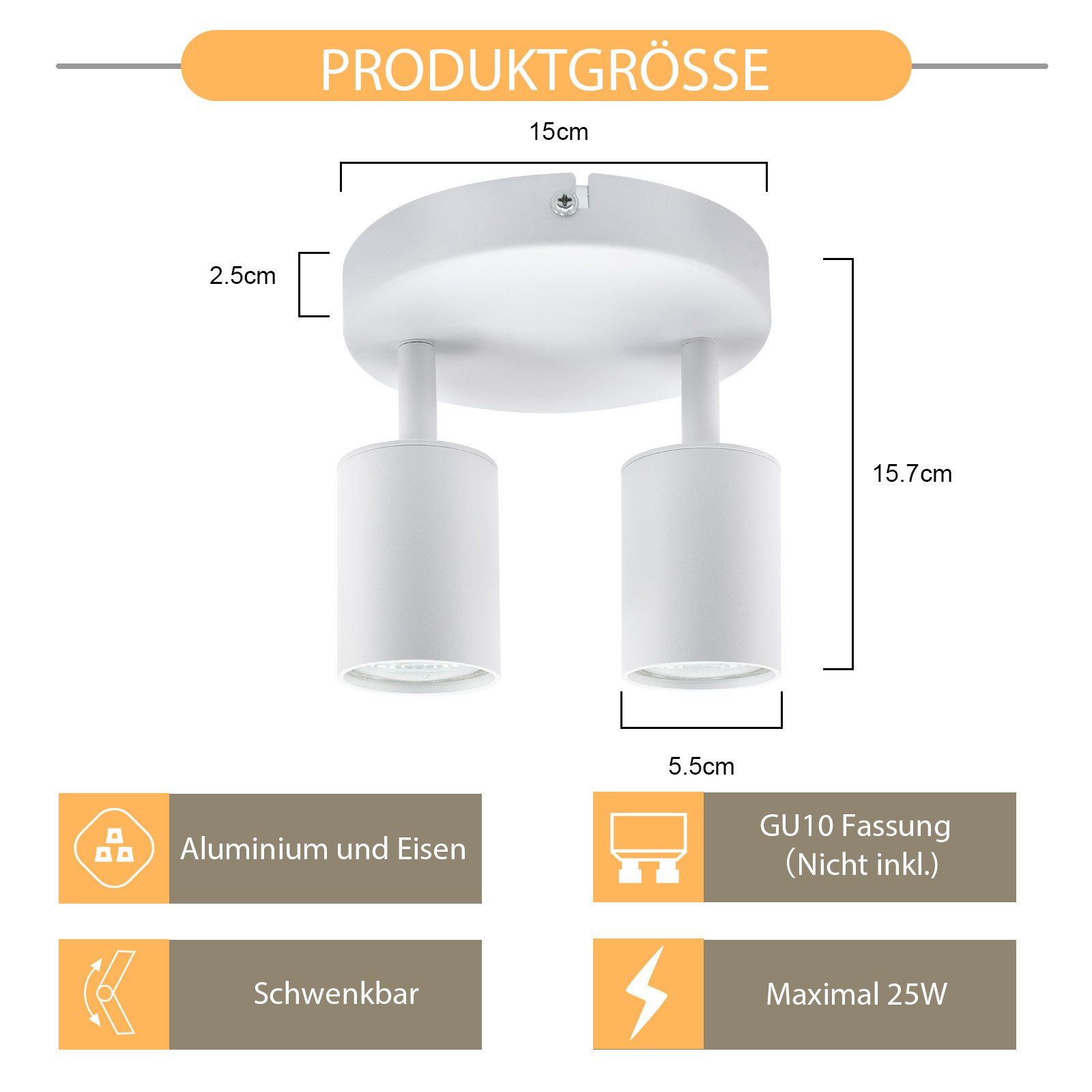 ZMH Deckenstrahler 2 Flammig Rund Deckenlampe Schwenkbar 330° Modern für Wohnzimmer, Einfache Installation, ohne Leuchtmittel, Weiß 90° gedreht Wandstrahler für Schlafzimmer Küche