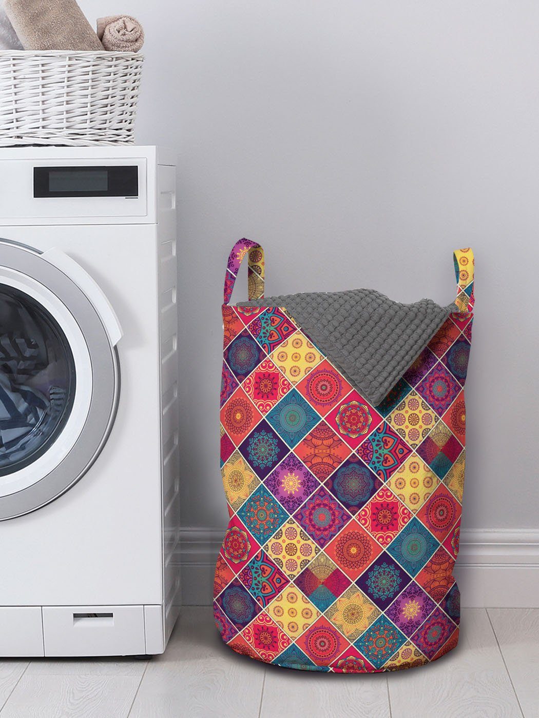 Wäschekorb Waschsalons, Mandala mit Griffen Wäschesäckchen für Abakuhaus Diamant-Quadrat-Muster Kordelzugverschluss