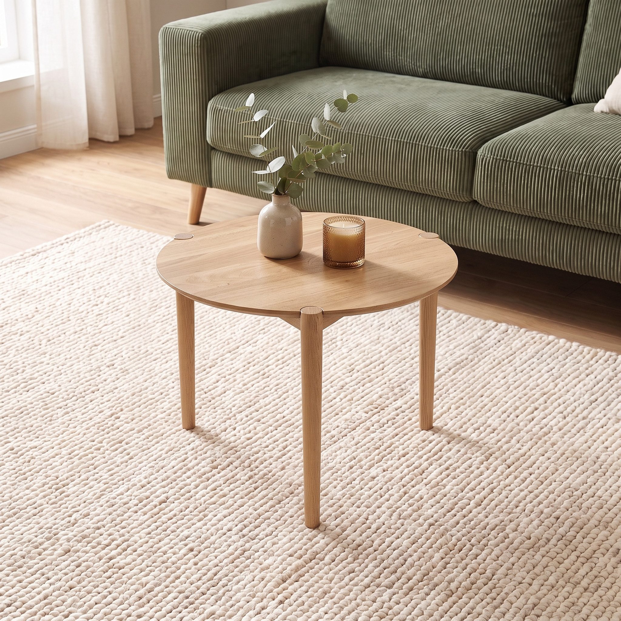 skølm Couchtisch Åsarna aus Eiche Massivholz (55 cm, geölt & lackiert), natur, bis 10kg belastbar, Beistelltisch rund, Sofatisch mit 3 Beinen