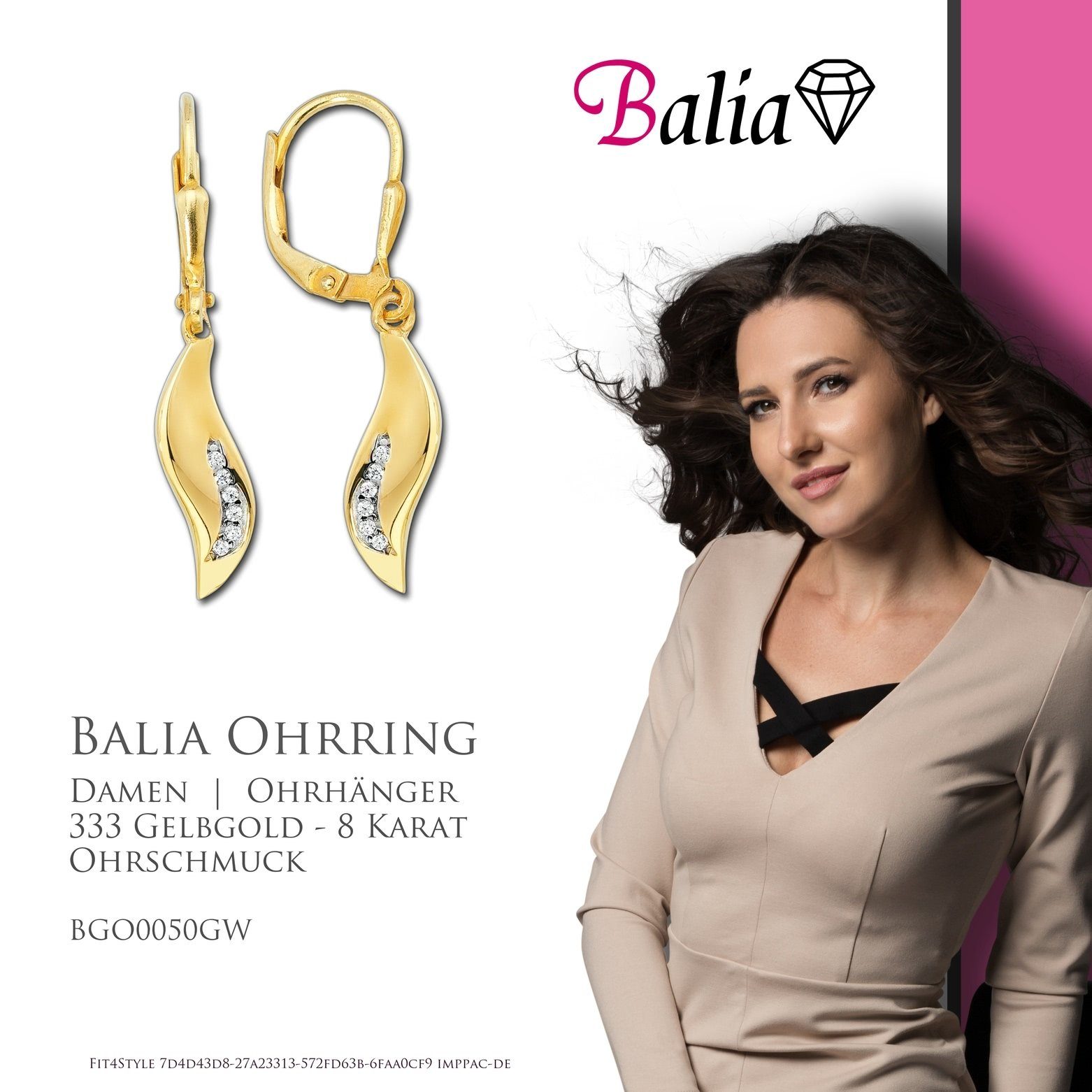 Balia Paar Ohrhänger Gold (Ohrhänger), Ohrhänger Karat, - 8 für Damen gold Ohrhänger Balia (Welle) weiß, aus 8K 333 Gelbgold Farbe
