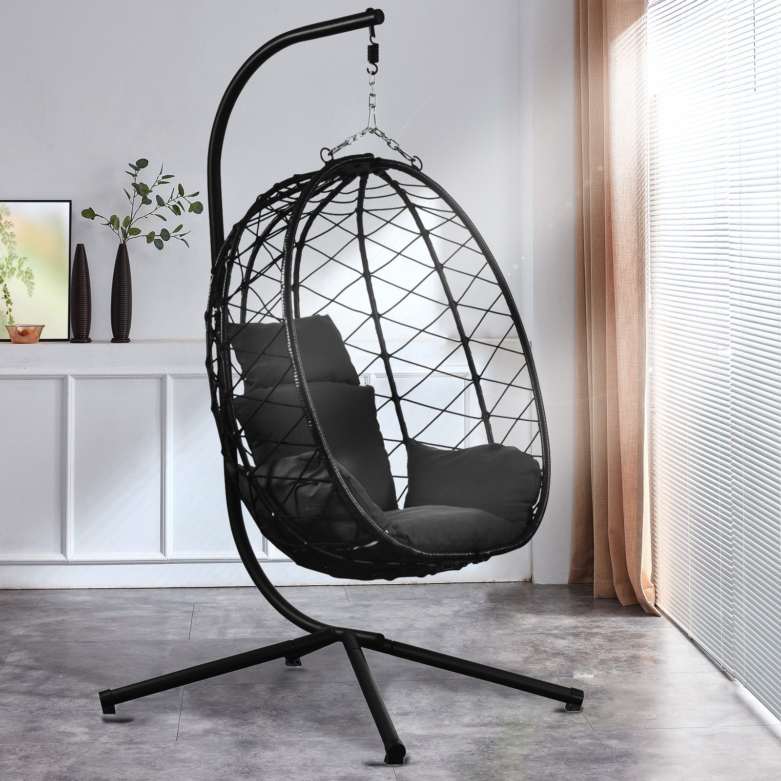 RAMROXX Hängesessel NEW XXL Gestell mit Korb Schwarz und Kissen Dunkel Grau