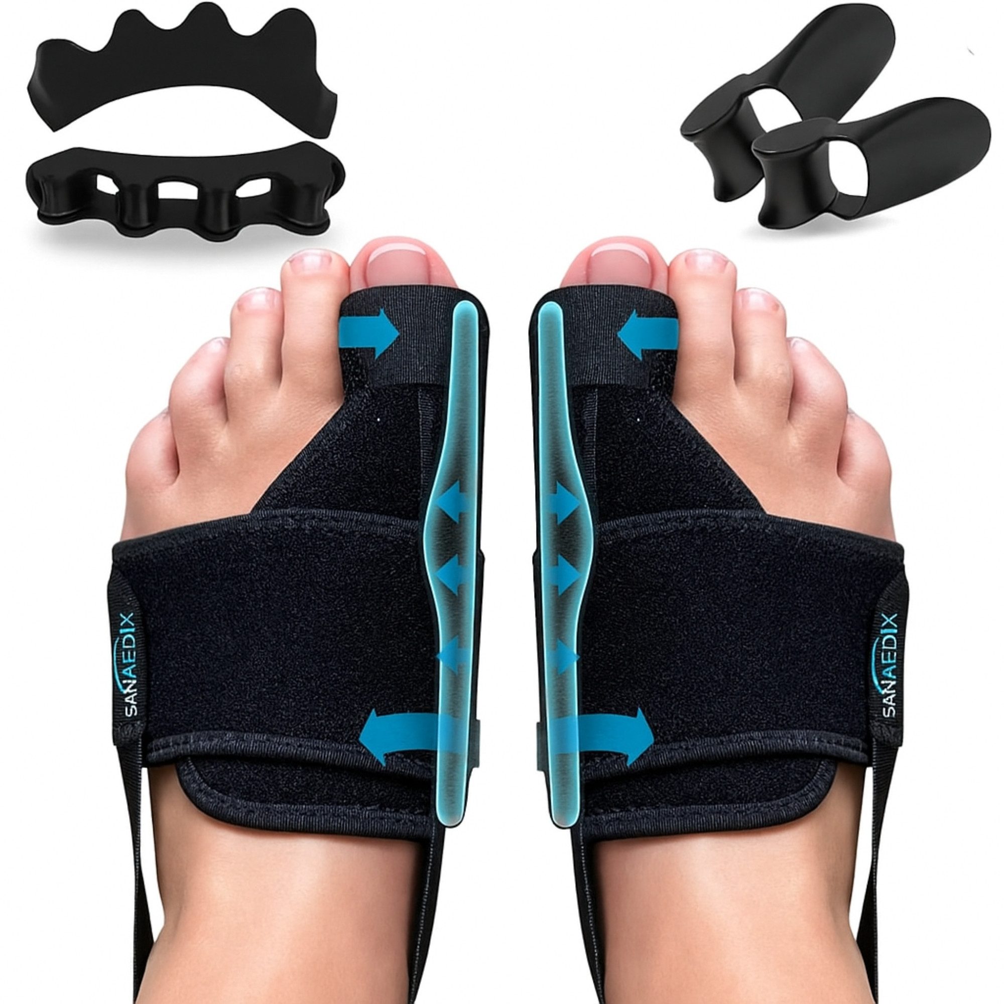 Sanmedix Hallux-Bandage Korrektur Set 2x Zehenspreizer, 2x Zehentrenner & 2x Nachtschienen, Tag und Nacht Schiene für Damen und Herren, Universalgröße, BPA frei
