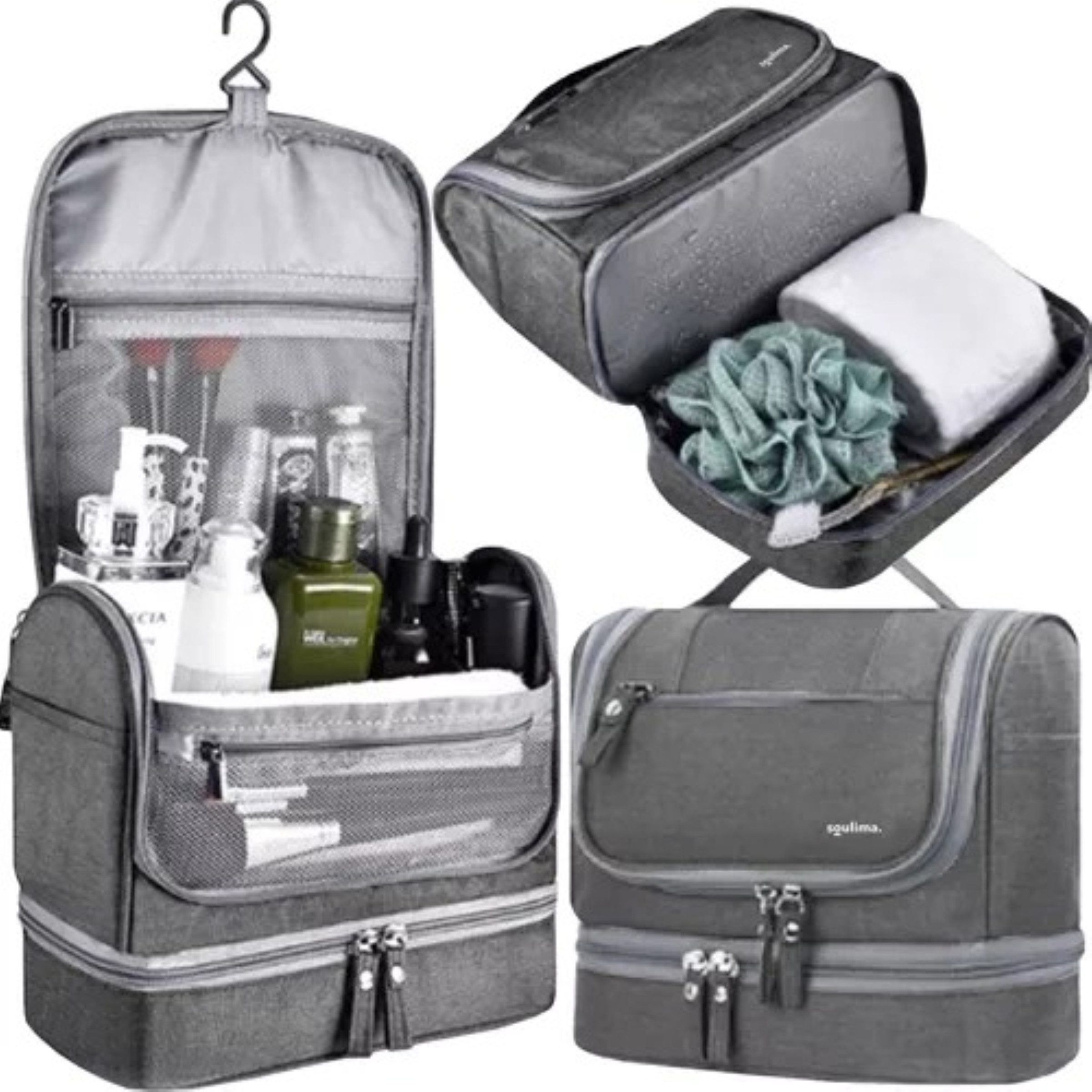 soulima Kosmetiktasche Hängende Kosmetiktasche Reise Kulturbeutel mit Thermofach Grau (Hängende Kosmetiktasche mit Thermofach und vielen Organizer-Fächern, Hängende Kosmetiktasche mit Thermofach und Organizer-Fächern), Wasserabweisend, 11 Fächer, Thermofa