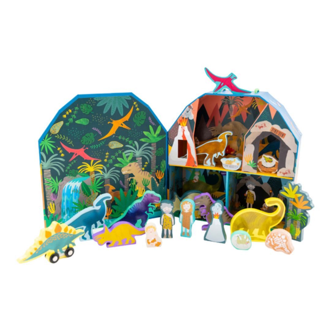 suebidou Spielhaus Dino Playbox Dinosaurier Spielbox mit Szenerie und Holzfiguren