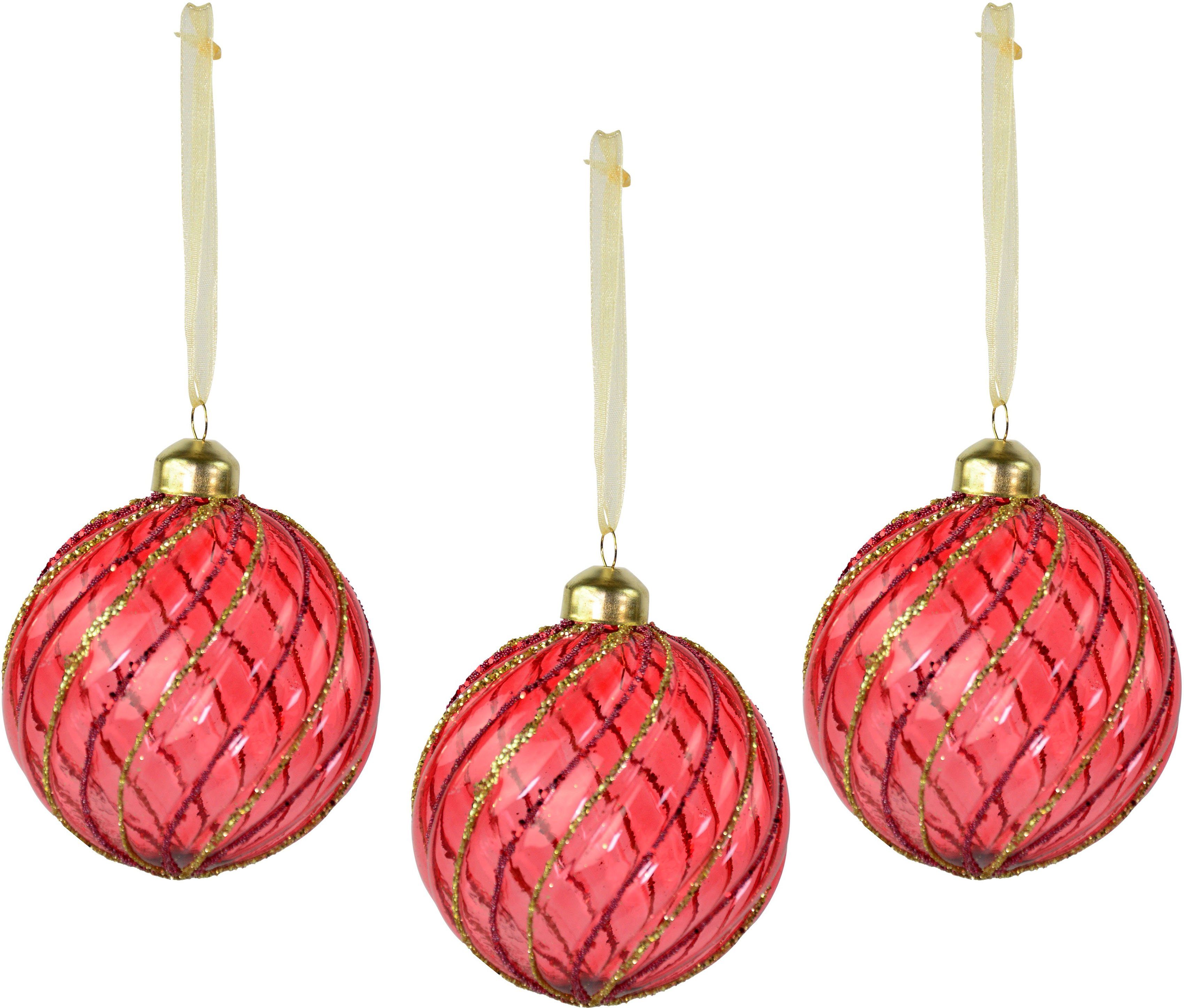 RIFFELMACHER & WEINBERGER Weihnachtsbaumkugel Weihnachtsdeko rot, Christbaumschmuck, Christbaumkugeln Glas (3 St), Ø 10 cm, aus Glas, mit Spiraldesign