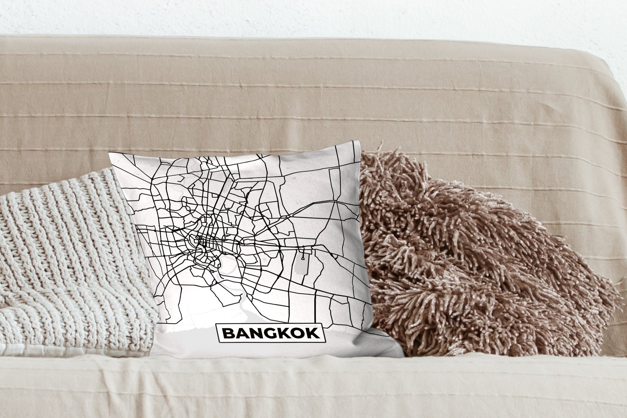 Wohzimmer, Bangkok Karte, - und Dekokissen mit Schwarz Zierkissen - weiß - für Schlafzimmer, Stadtplan Füllung Deko, Sofakissen MuchoWow