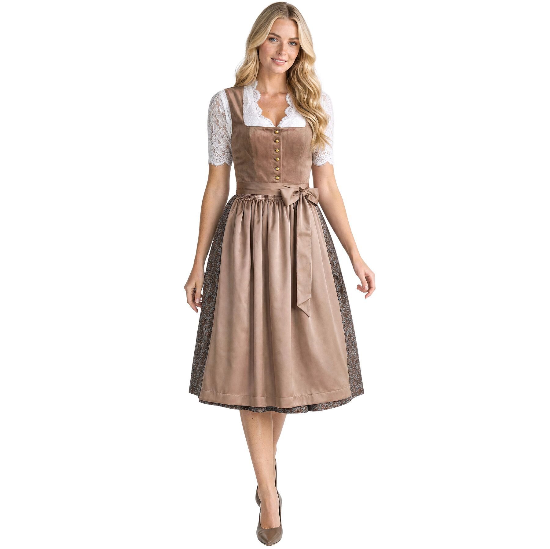 dressforfun Dirndl Midi-Dirndl Camel-Braun, versteckte Taschen, Samtmieder, Knopfleiste (Trachtenkleid Sandra, Konfektionsgröße 40, braun) Rechteckausschnitt, Glanz-Musterrock, braune Schürze, breite Schleife