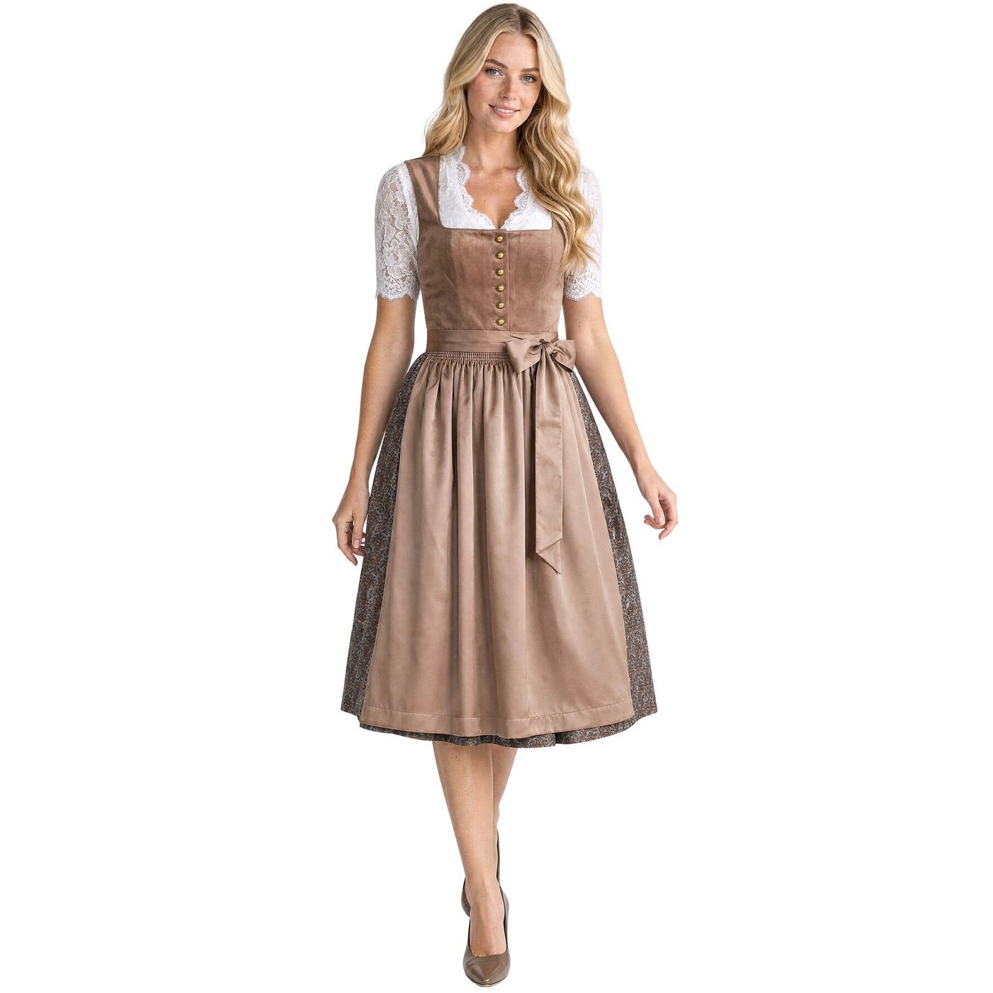 dressforfun Dirndl Midi-Dirndl Camel-Braun, versteckte Taschen, Samtmieder, Knopfleiste (Trachtenkleid Sandra, Konfektionsgröße 40, braun) Rechteckausschnitt, Glanz-Musterrock, braune Schürze, breite Schleife